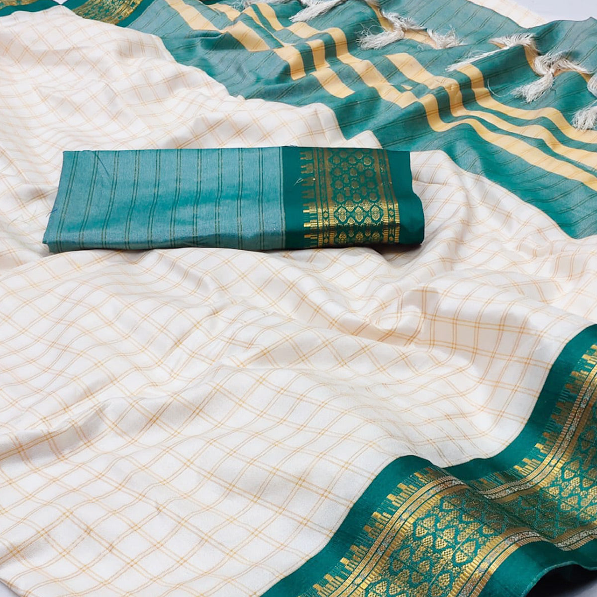 White & Rama Green Checks With Woven Border Cotton Silk Saree