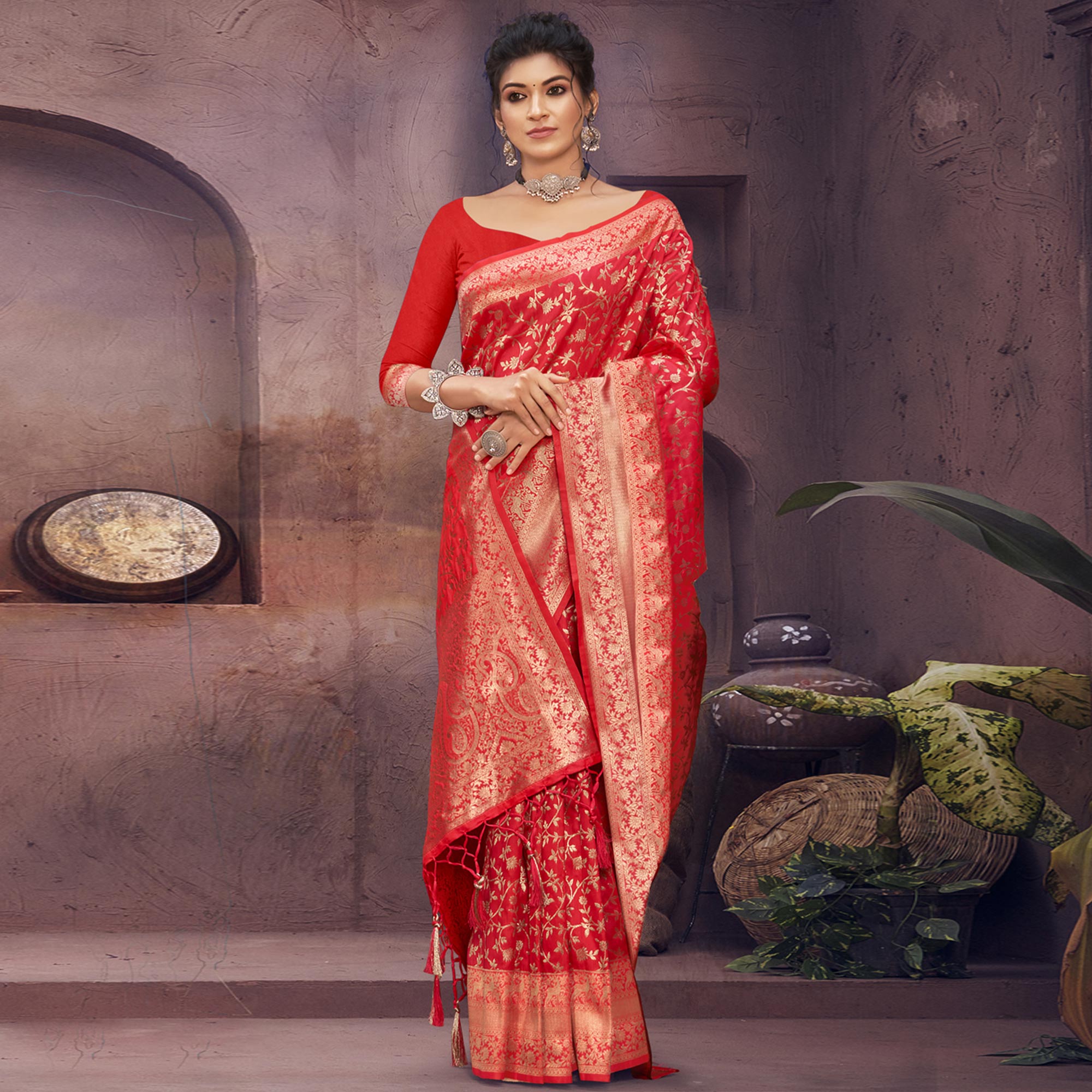 Red Floral Woven Art Silk Saree