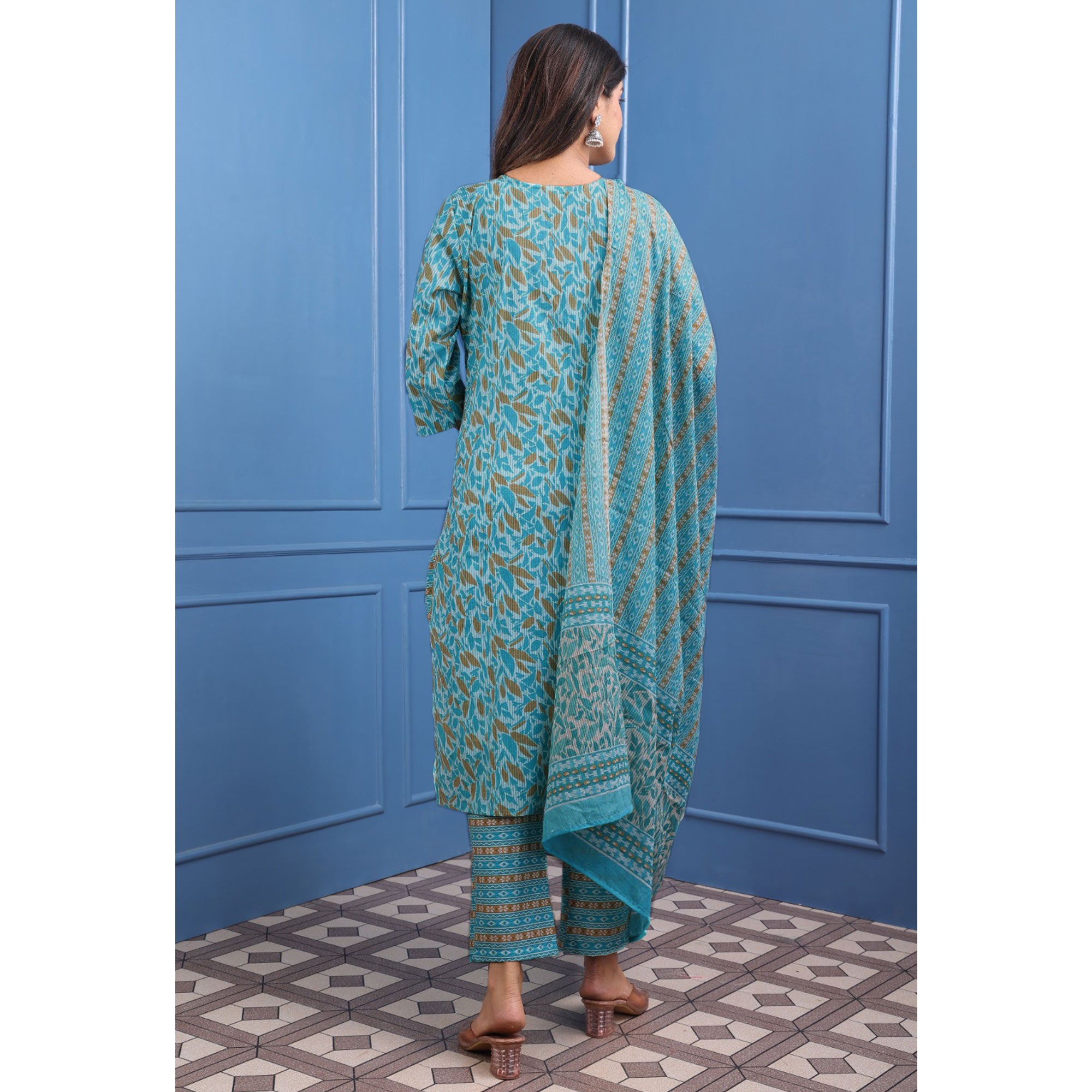 Turquoise Floral Printed Pure Cotton Suit