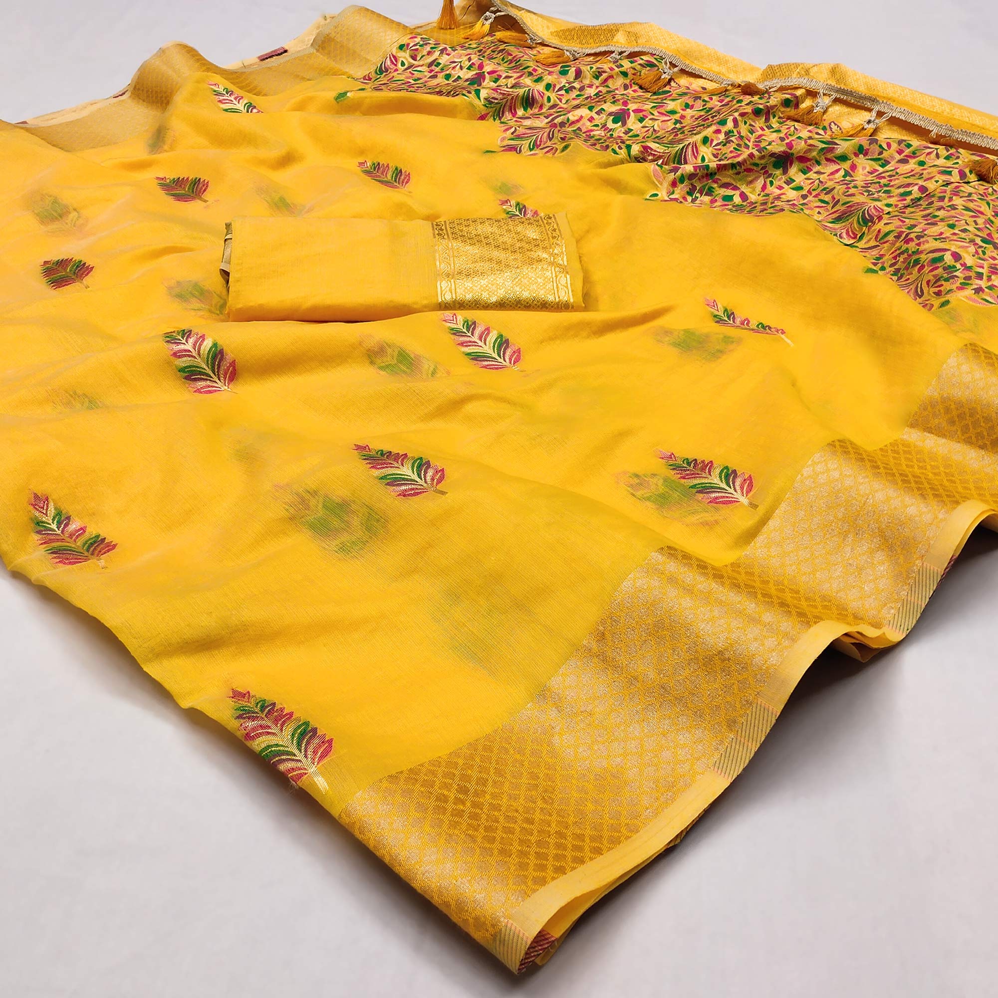 Yellow Woven Art Silk Saree With Tassels