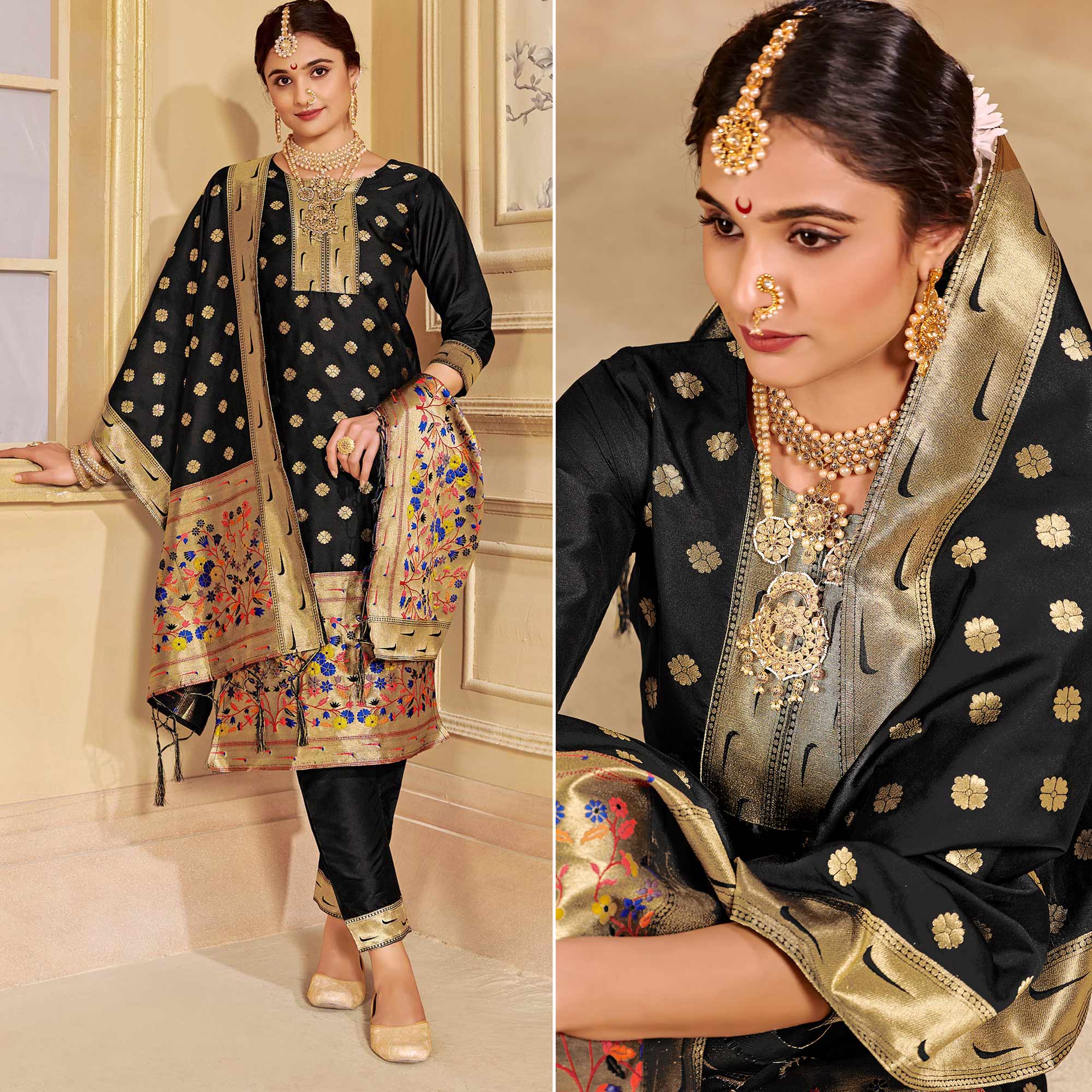 Black Floral Woven Tapetta Silk Salwar Suit
