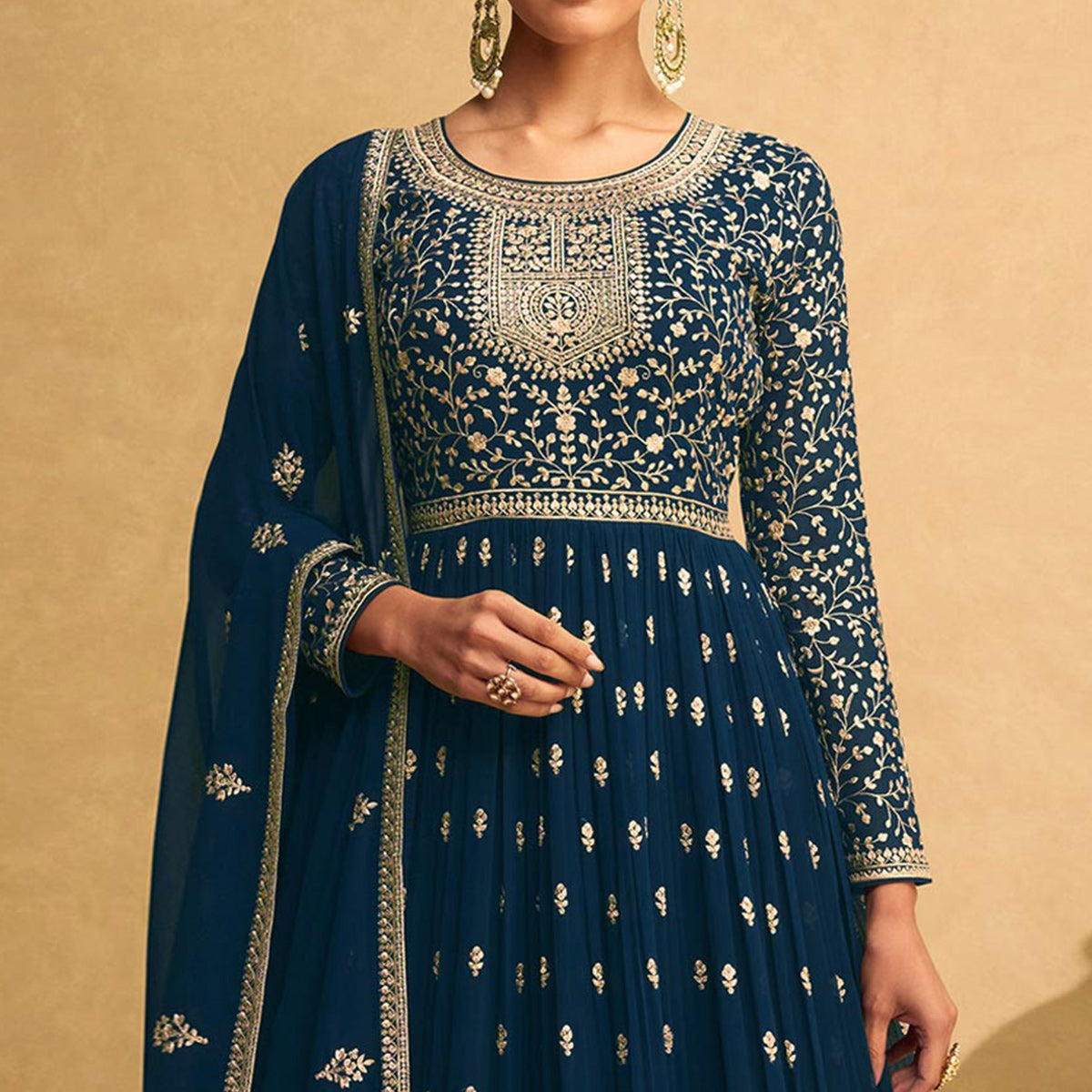 Blue Floral Sequins Embroidered Georgette Anarkali Suit