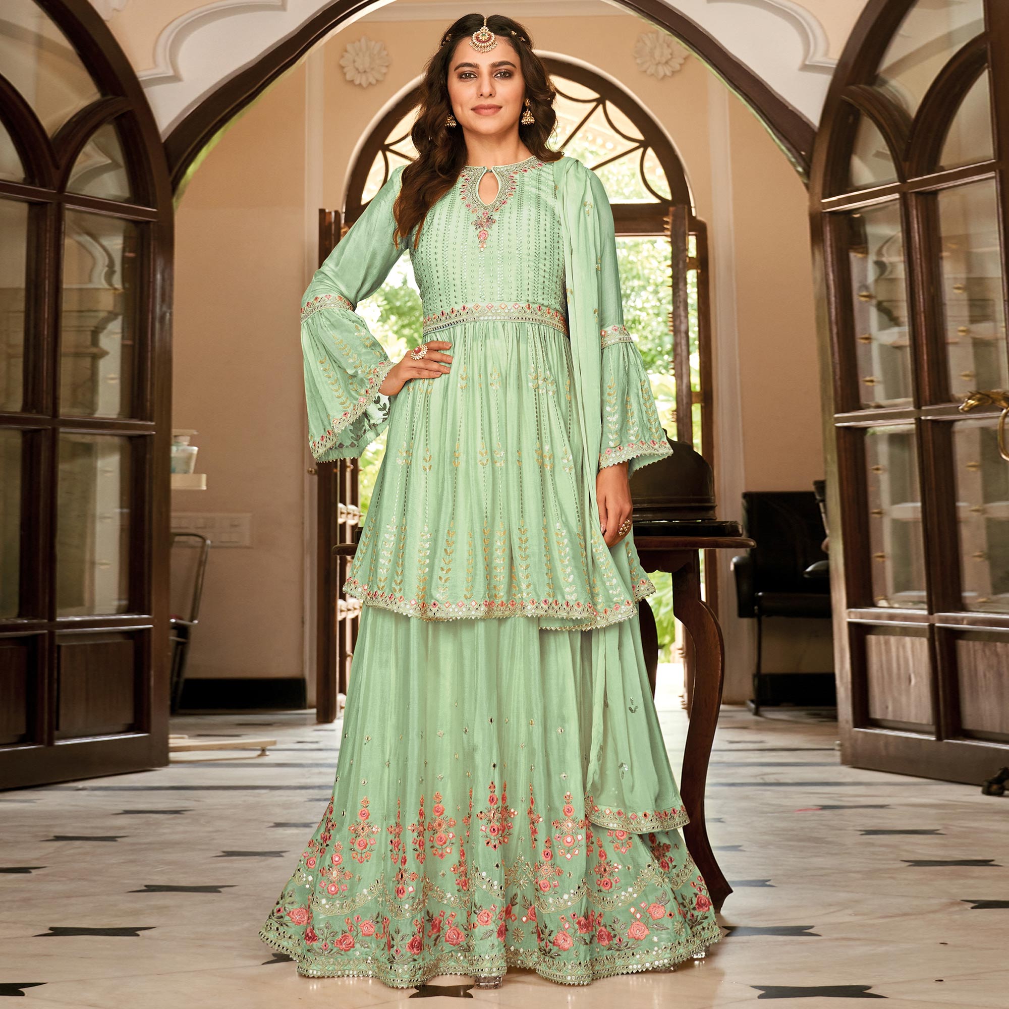 Green Floral Sequins Embroidered Chiffon Semi Stitched Sharara Suit