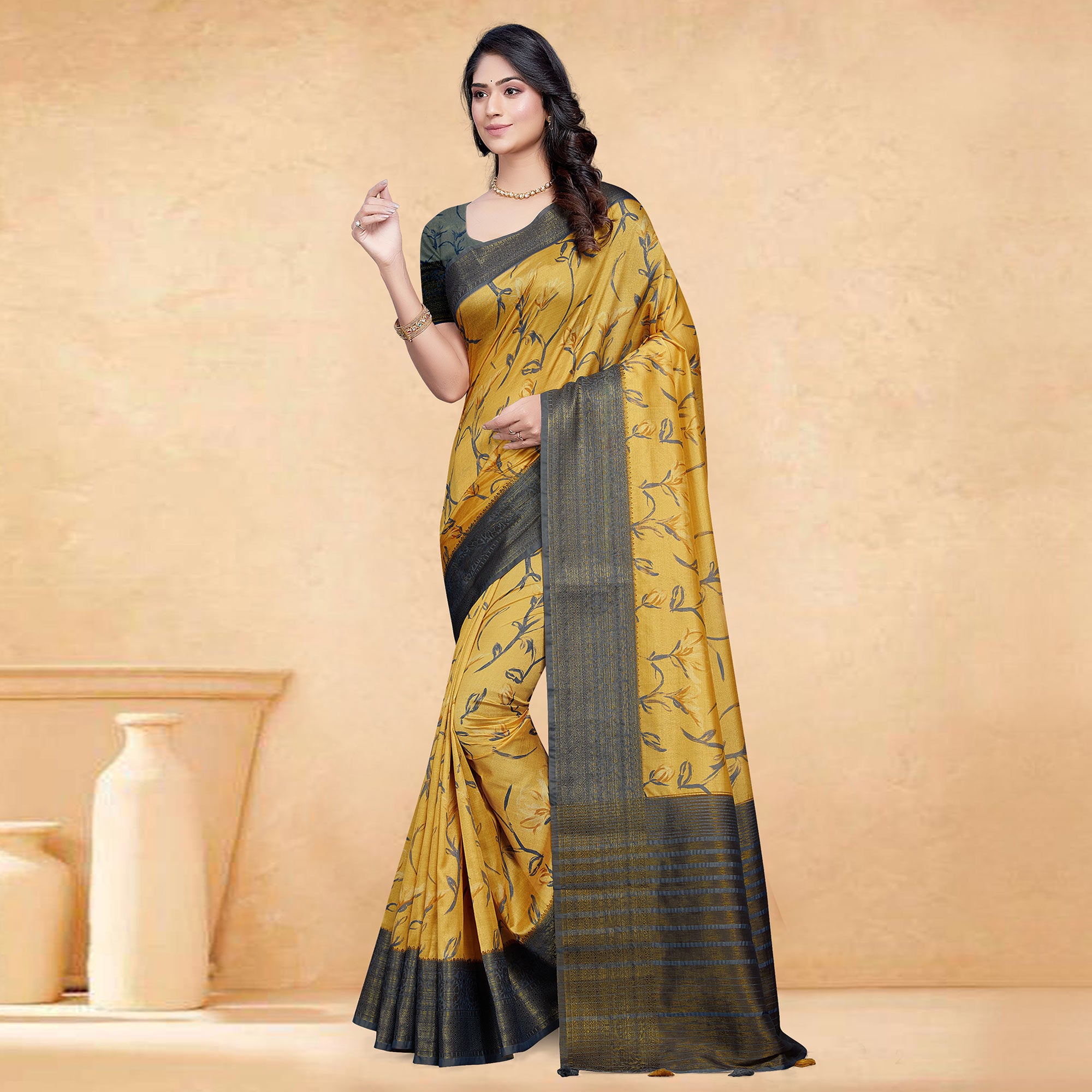 Mustard Floral Digital Printed Tussar Silk Saree