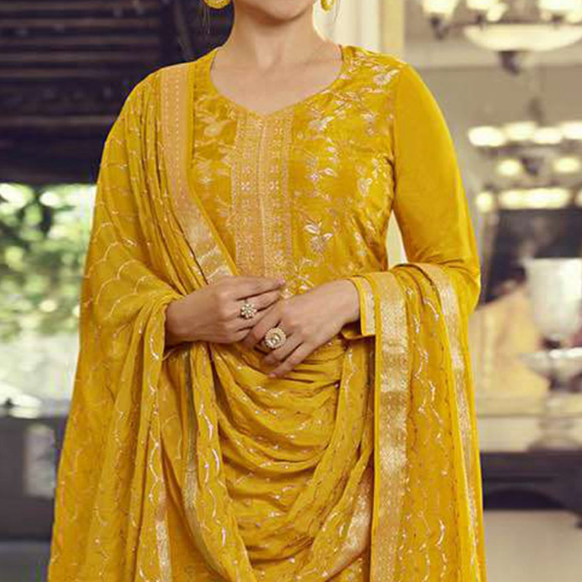 Yellow Embroidered Dola Silk Palazzo Suit