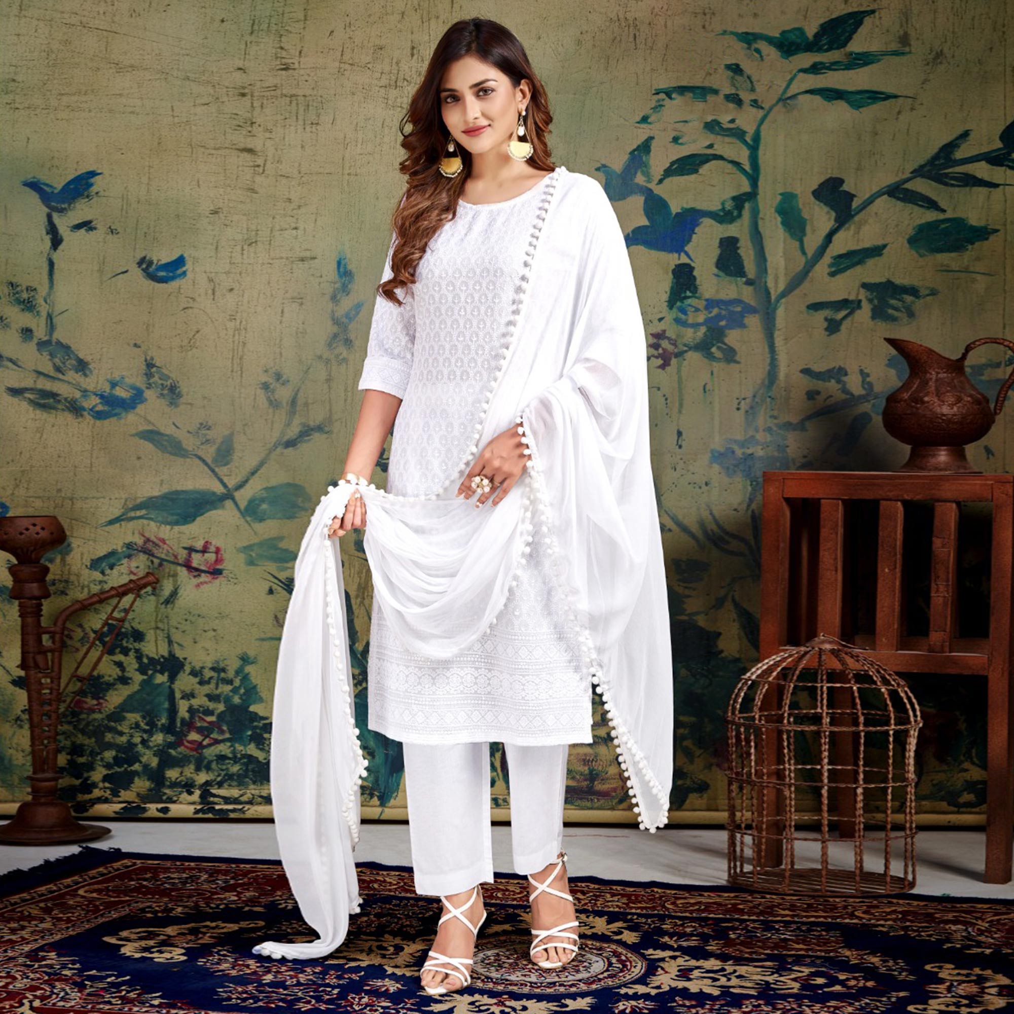 White Chikankari Work Rayon Salwar Suit