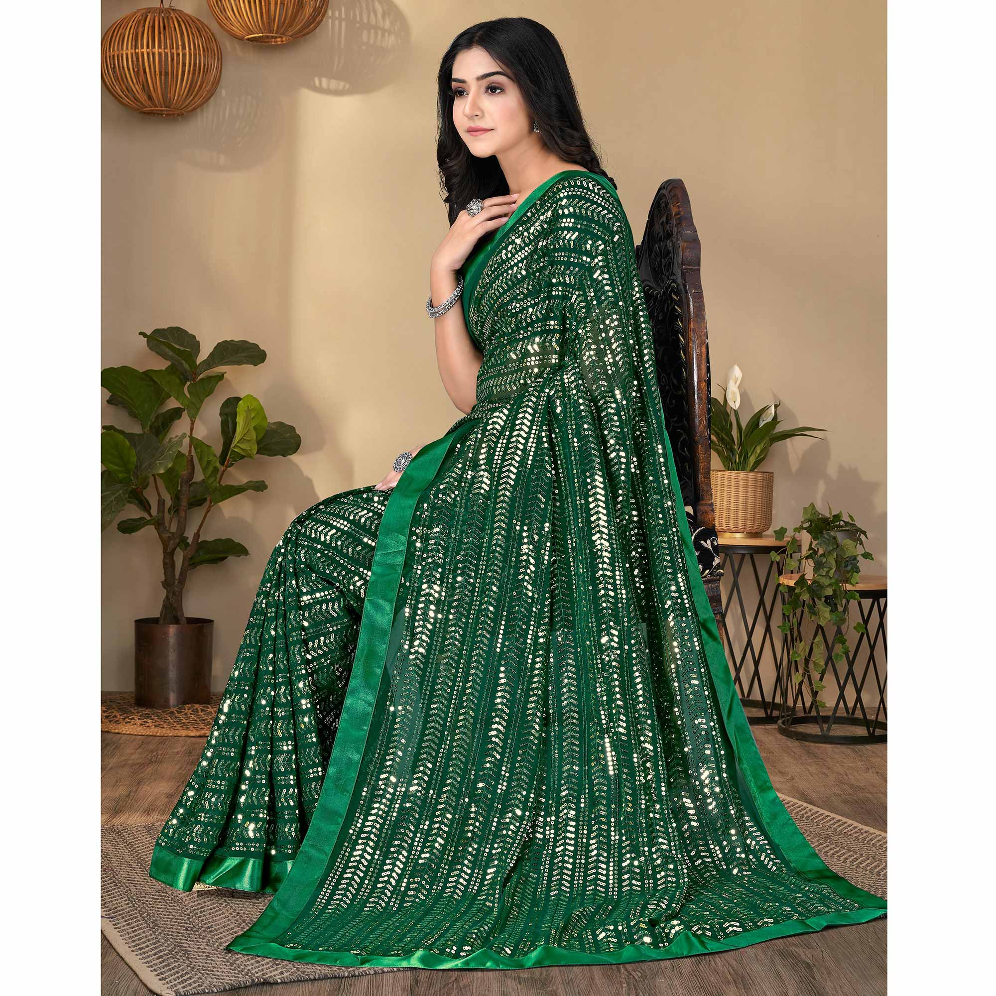 Green Sequins Embroidered Georgette Saree