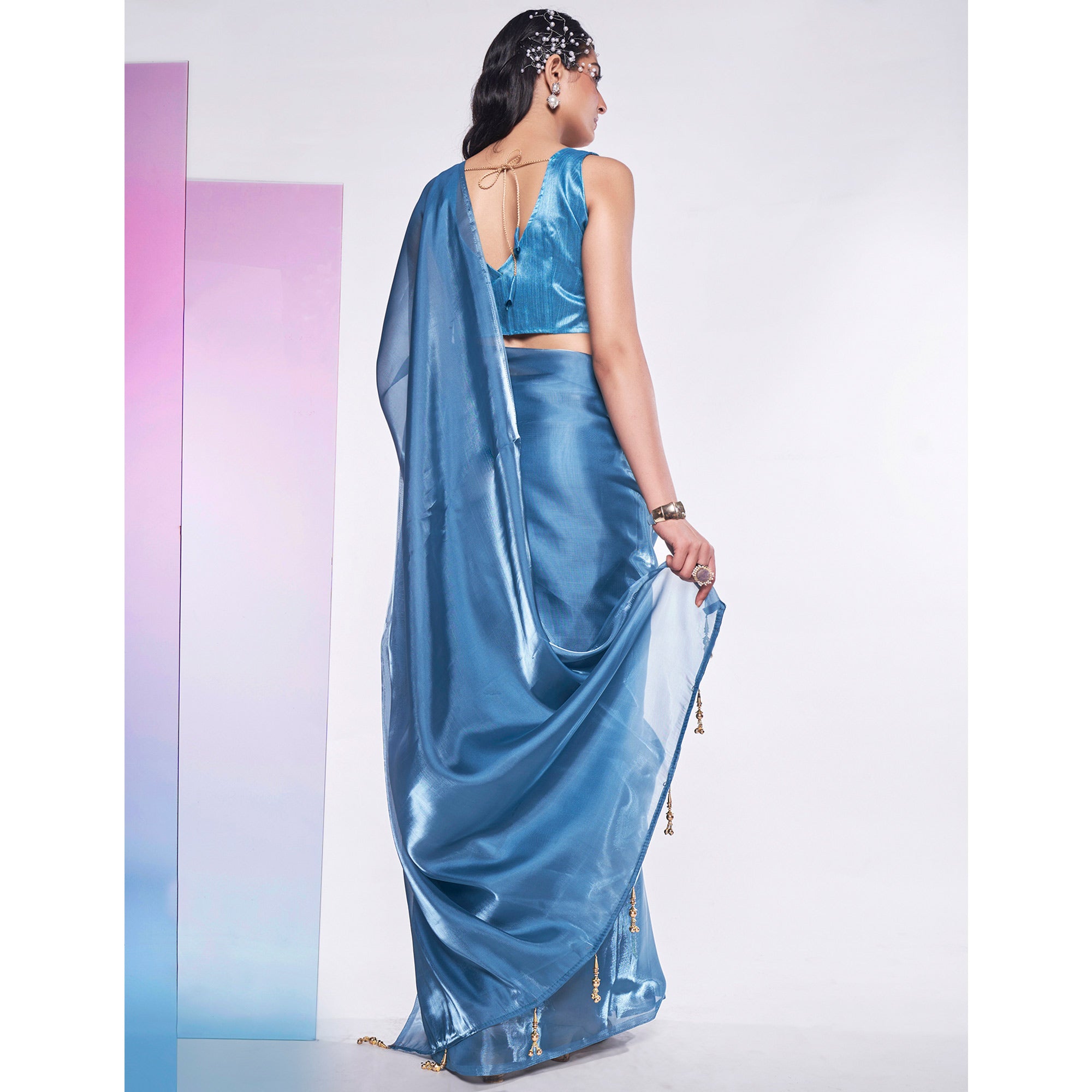 Sea Blue Solid Organza Saree With Tassels