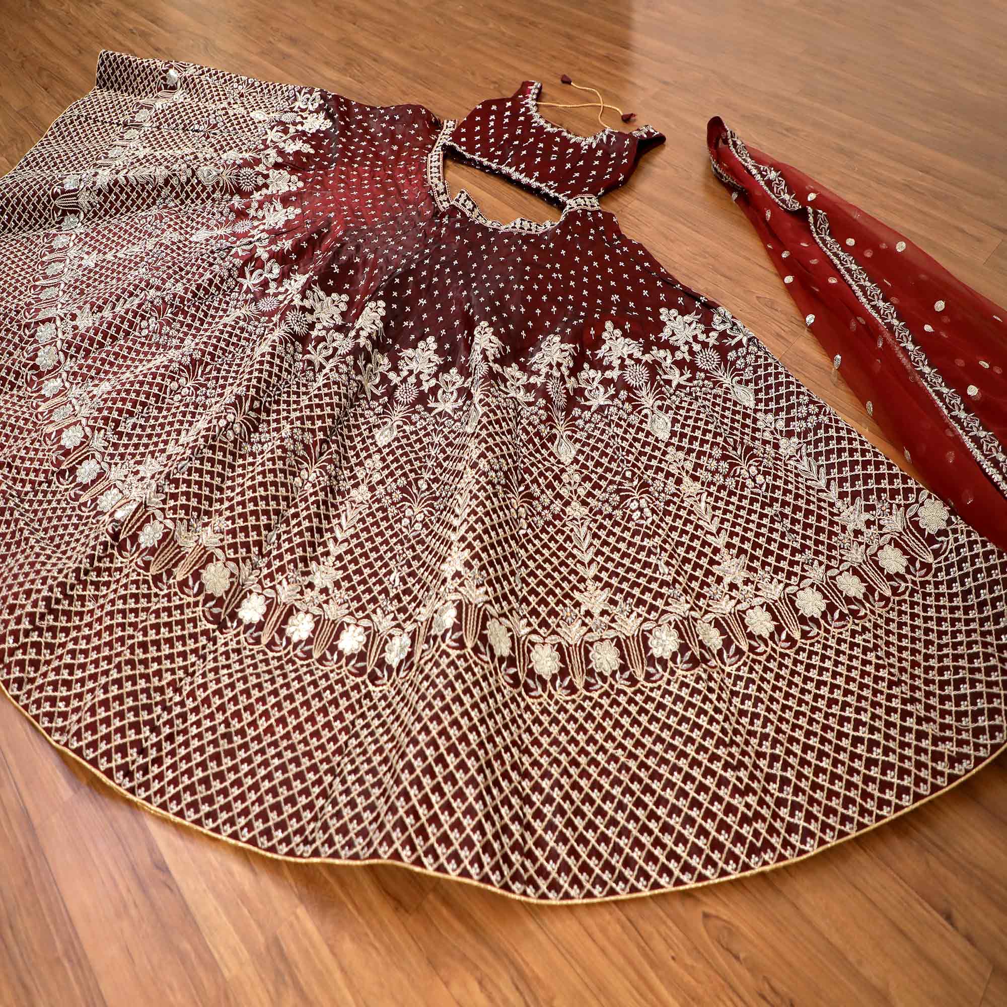 Maroon Embroidered Satin Lehenga Choli