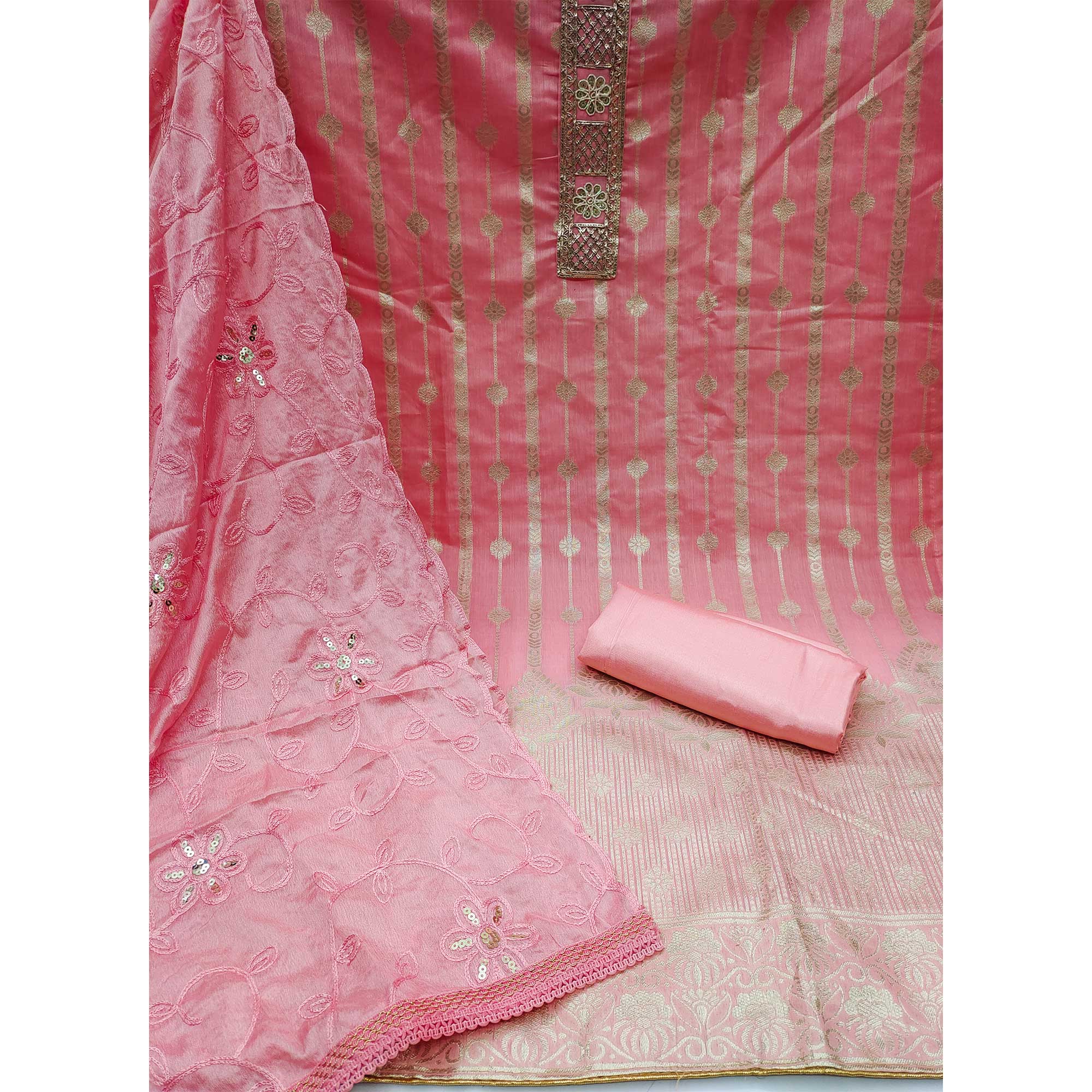 Pink Woven Banarasi Silk Dress Material