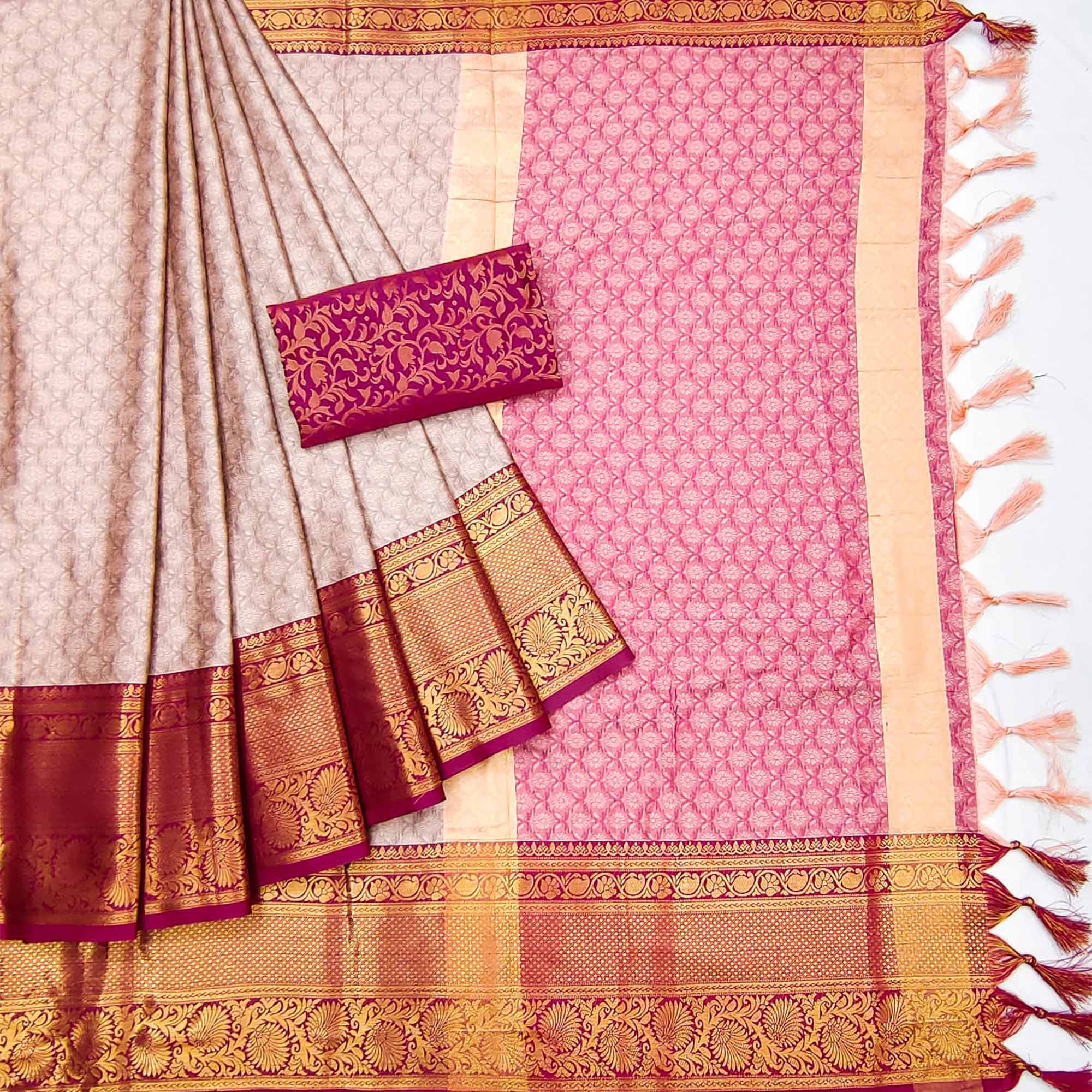 Baby Pink Printed And Woven Cotton Silk Saree With Tassels