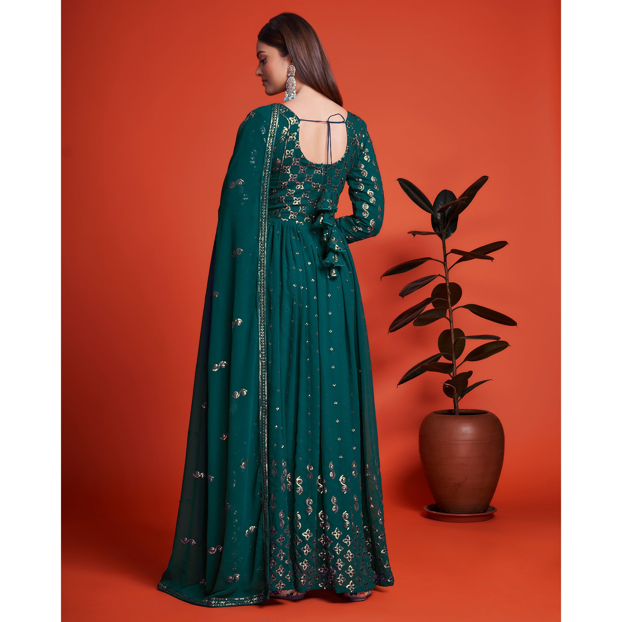 Teal Green Sequins Embroidered Georgette Gown With Dupatta