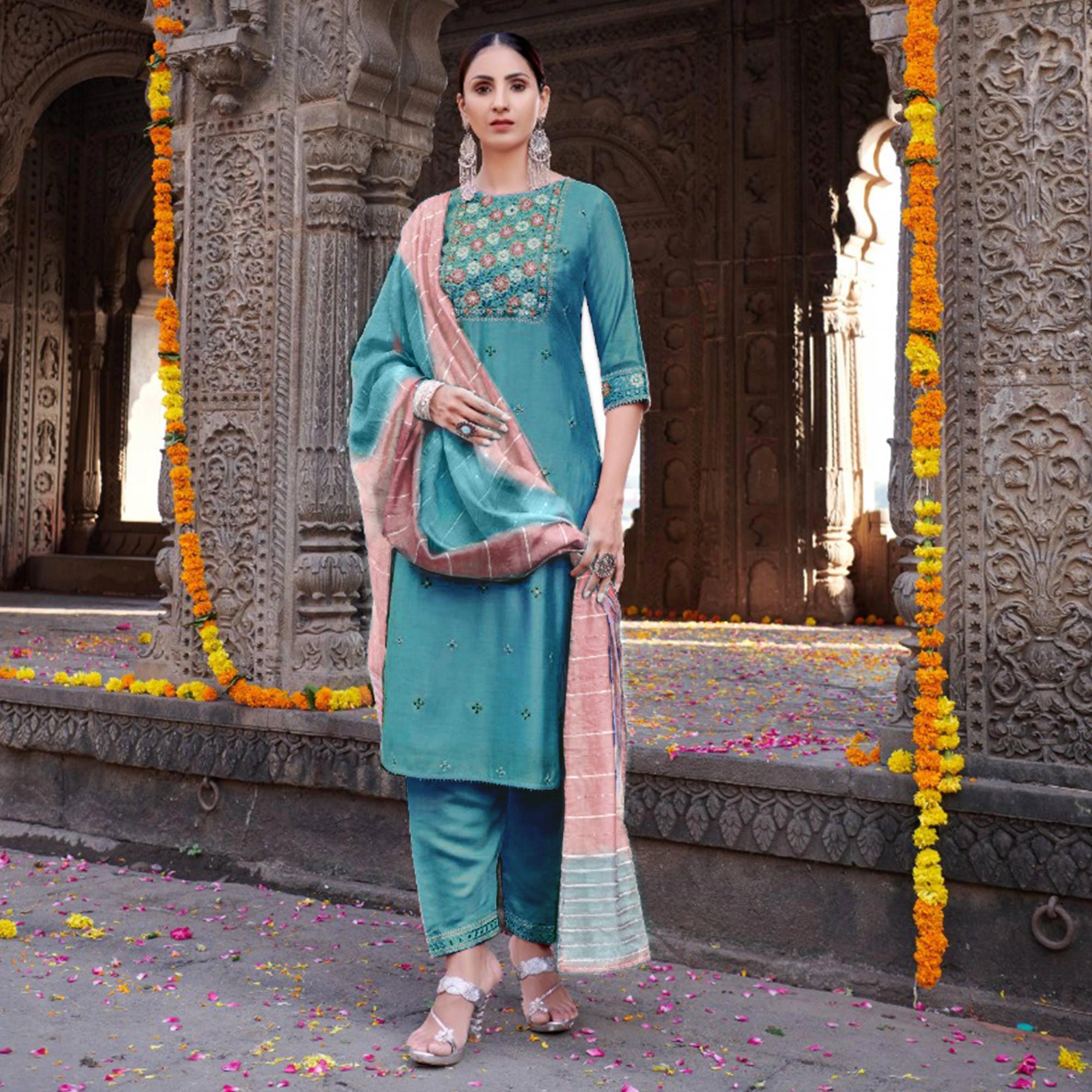 Blue Floral Embroidered Chanderi Suit