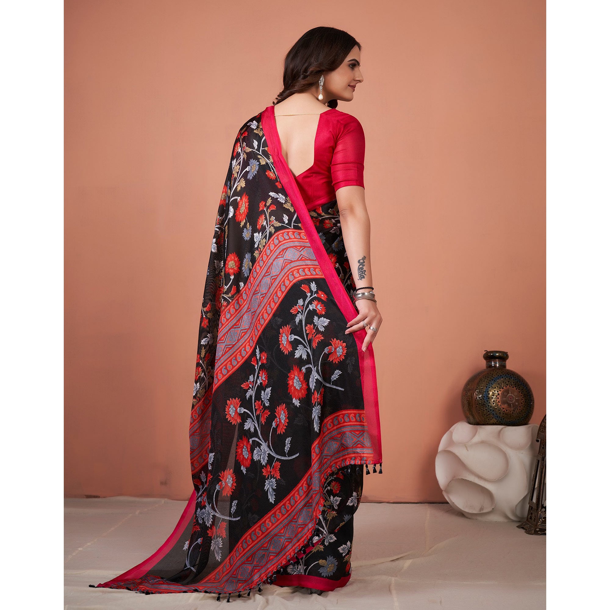 Black Floral Printed Jute Saree With Tassels