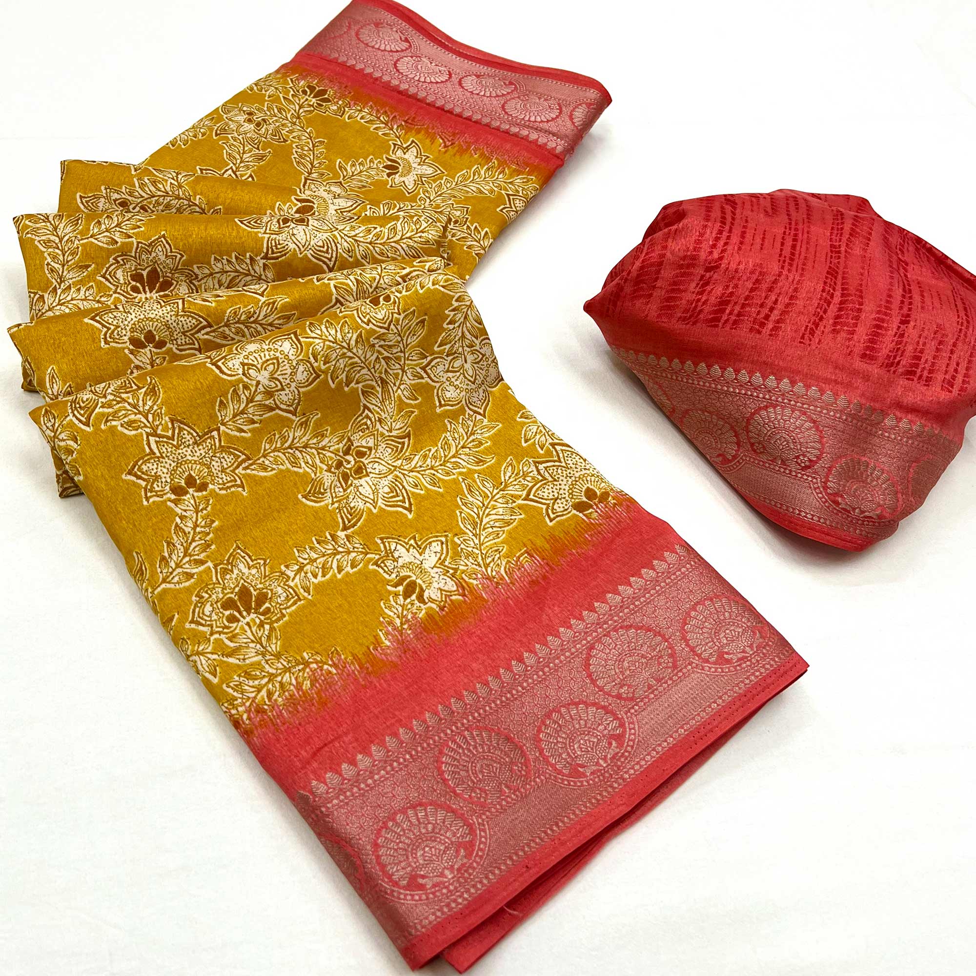Mustard Floral Printed With Woven Border Dola Silk Saree
