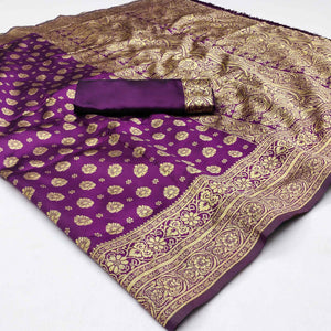 Purple Woven Jacquard Saree With Tassels