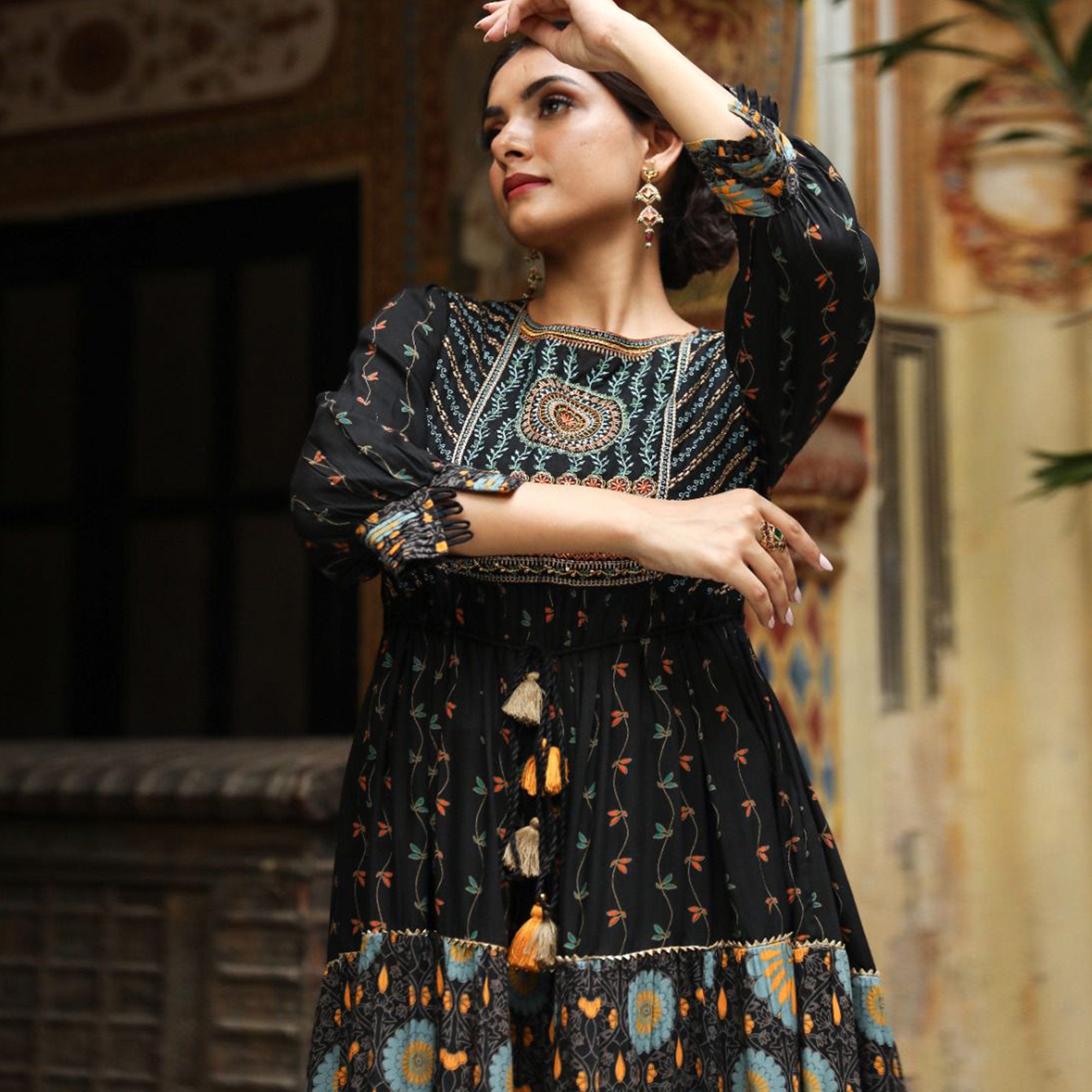 Black Floral Printed With Gota Patti Work Rayon Gown