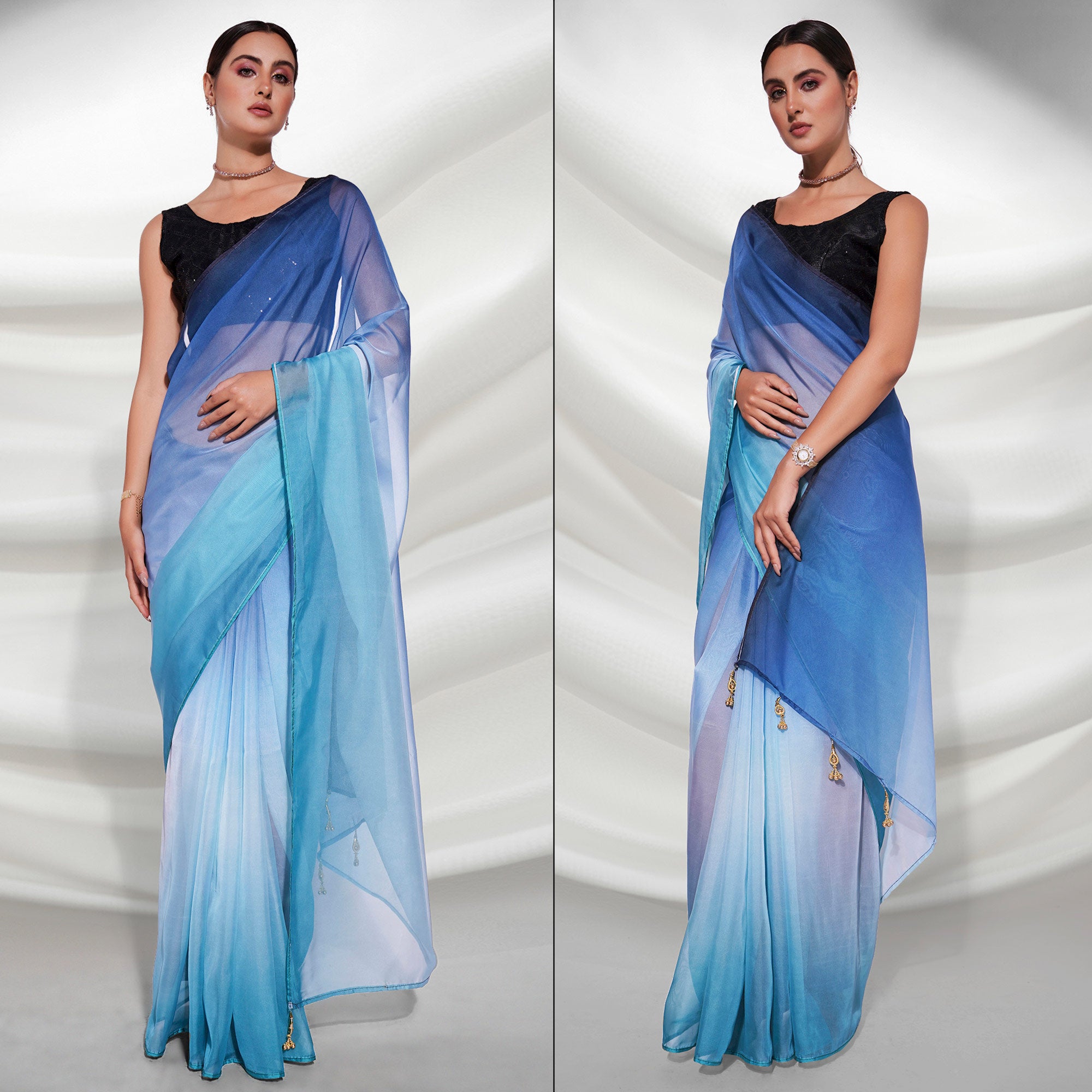 Blue Printed Organza Saree