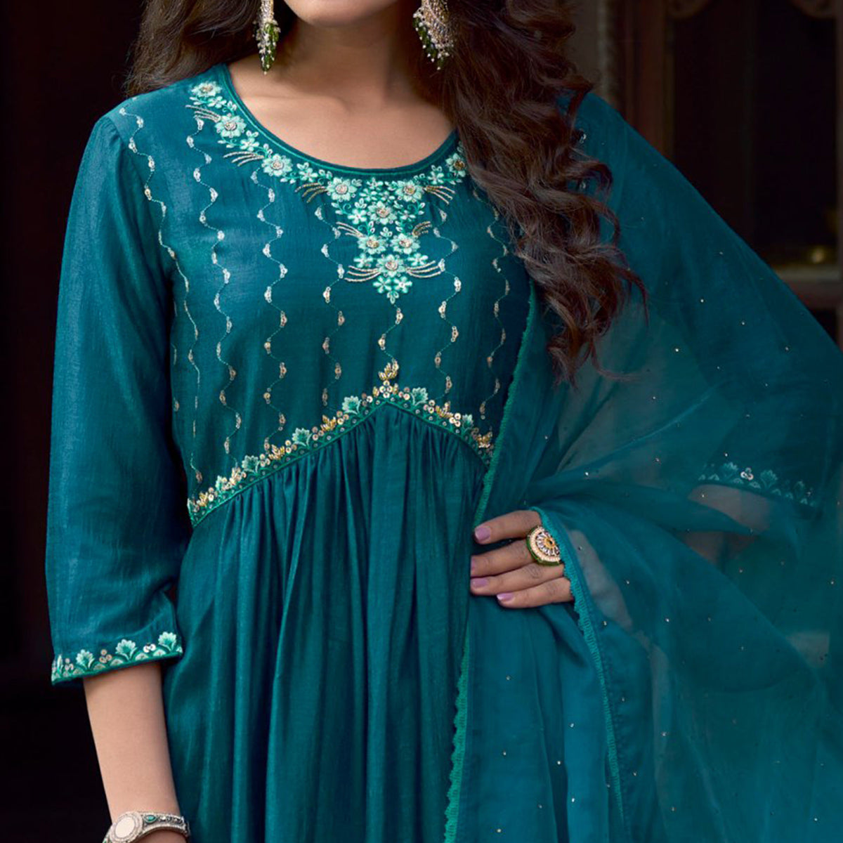 Teal Blue Floral Embroidered Art Silk Naira Cut Suit