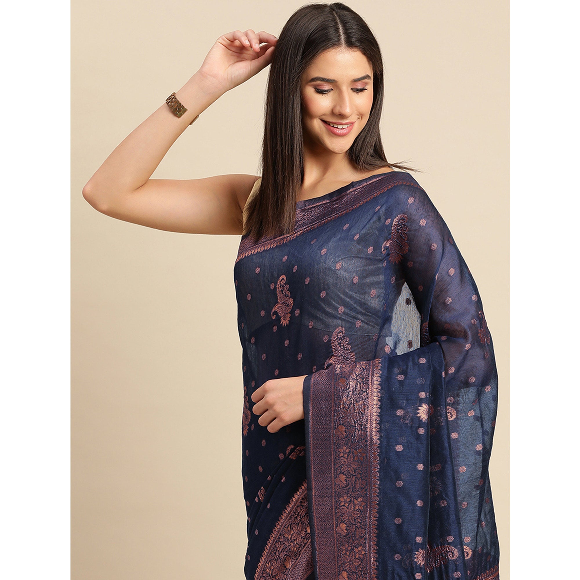 Navy Blue Woven Organza Saree