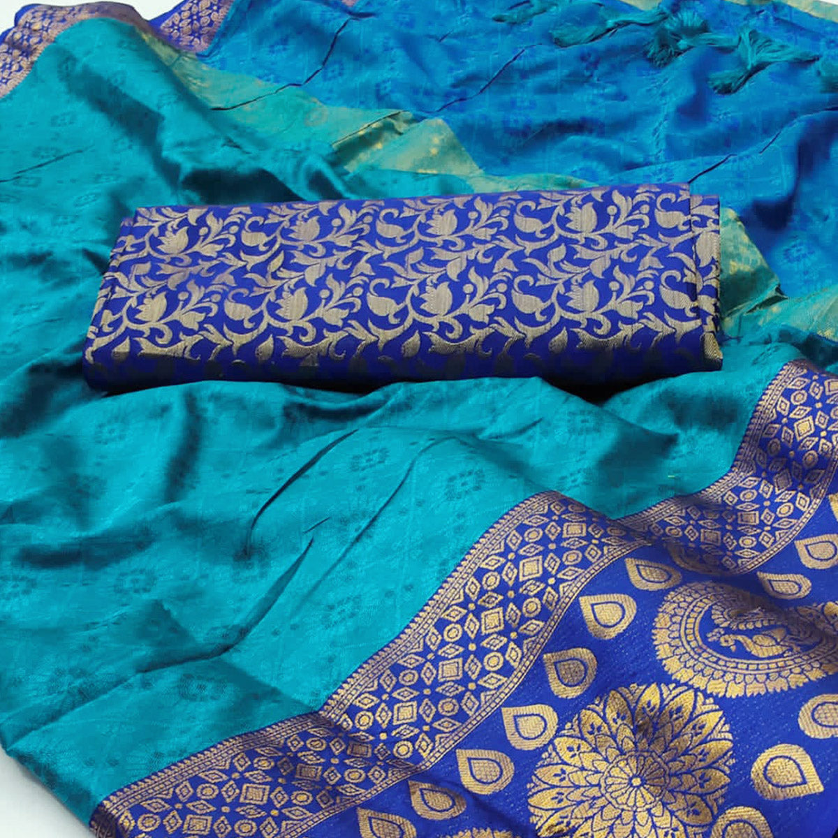 Firozi Woven Cotton Silk Saree With Tassels