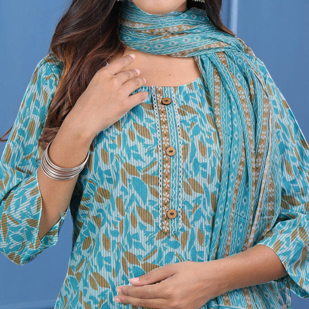 Turquoise Floral Printed Pure Cotton Suit