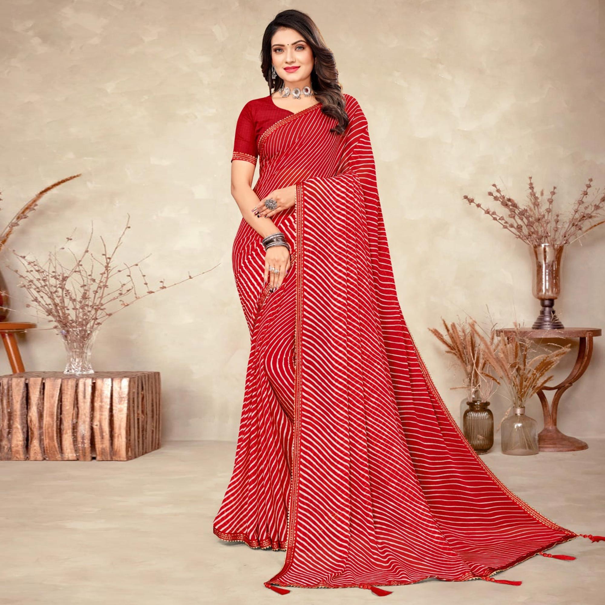 Dark Red Striped Printed Chiffon Saree