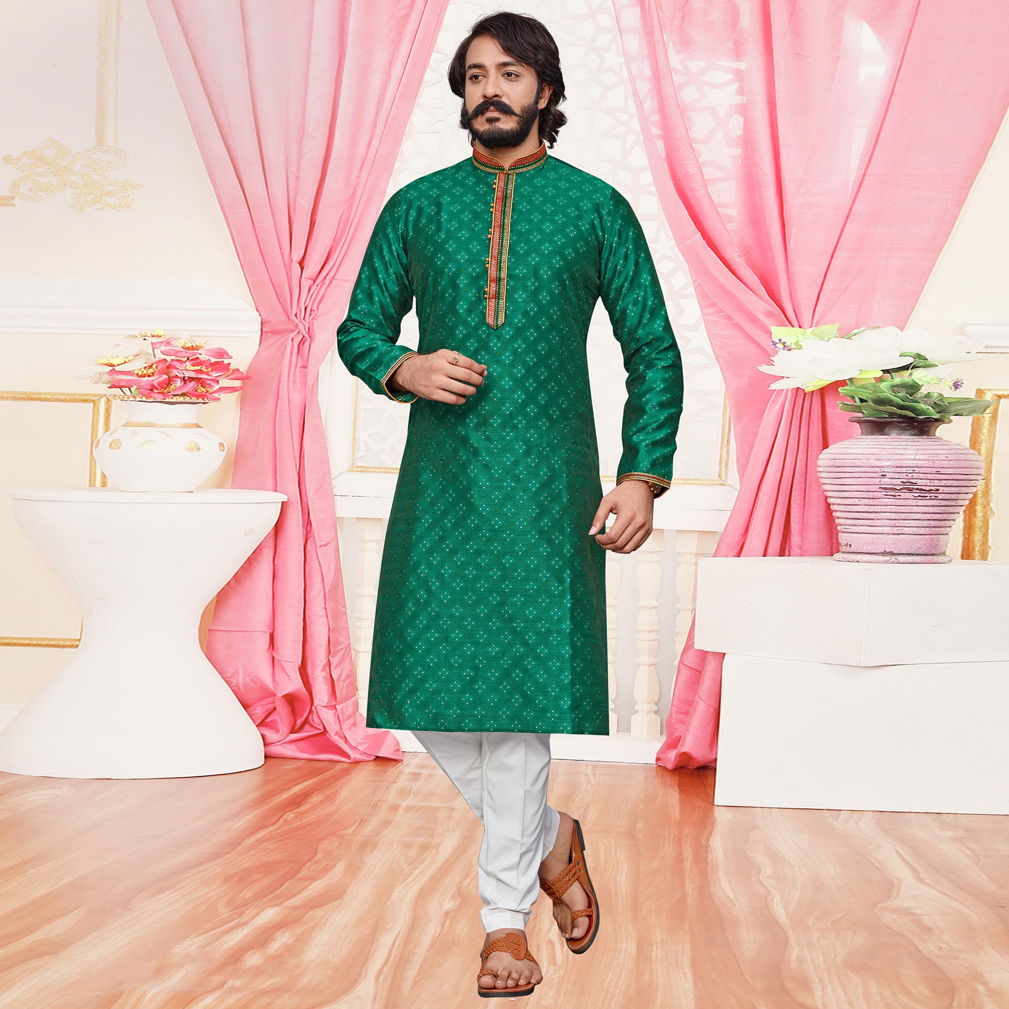 Green Woven Jacquard Kurta Pyjama Set