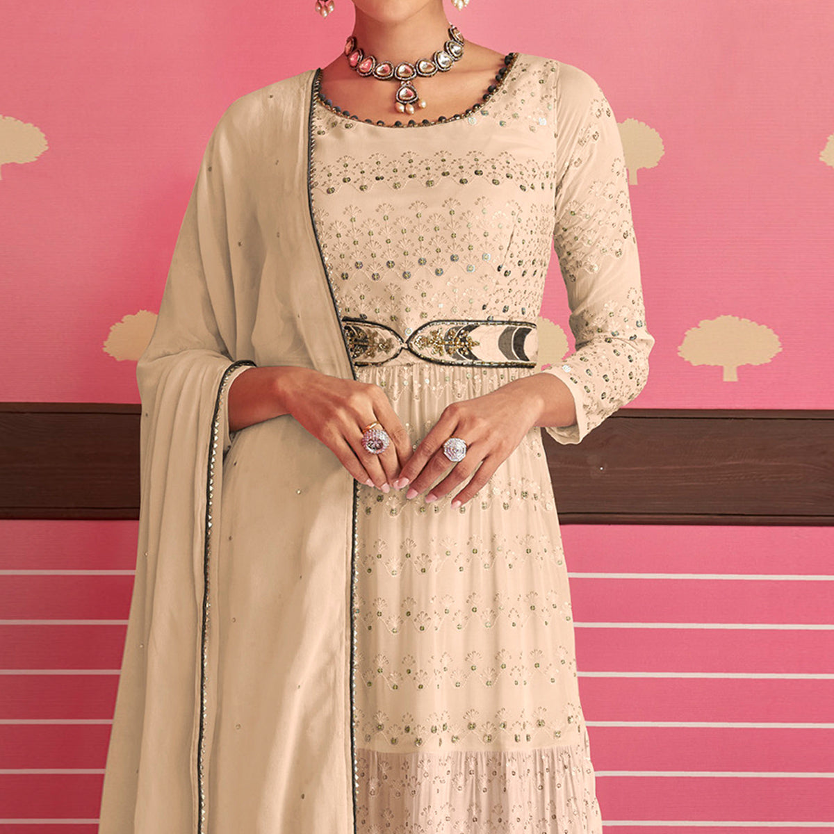 Beige Sequins Embroidered Georgette Naira Cut Suit
