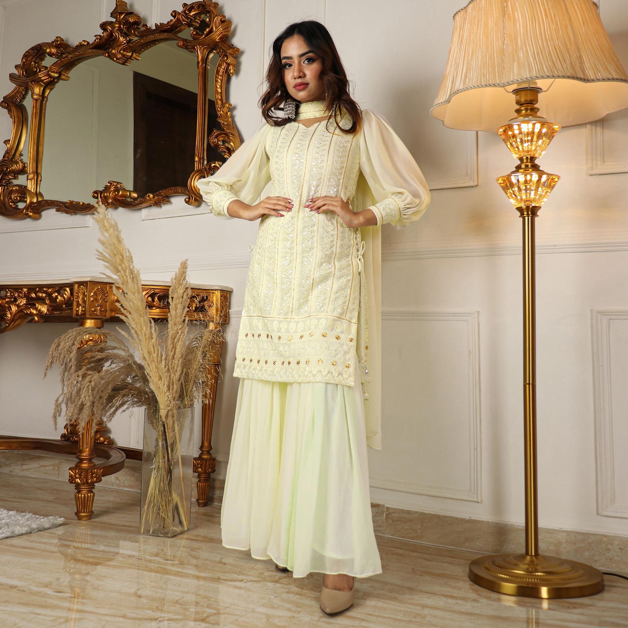 Cream Sequins Embroidered Georgette Sharara Suit