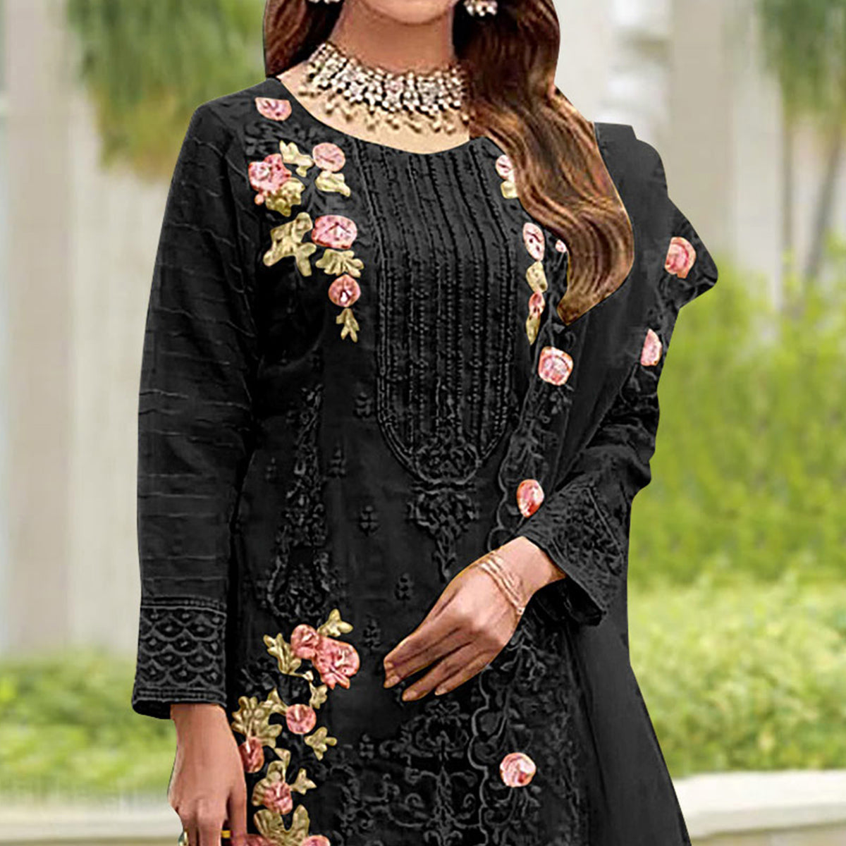 Black Floral Embroidered Organza Pakistani Suit