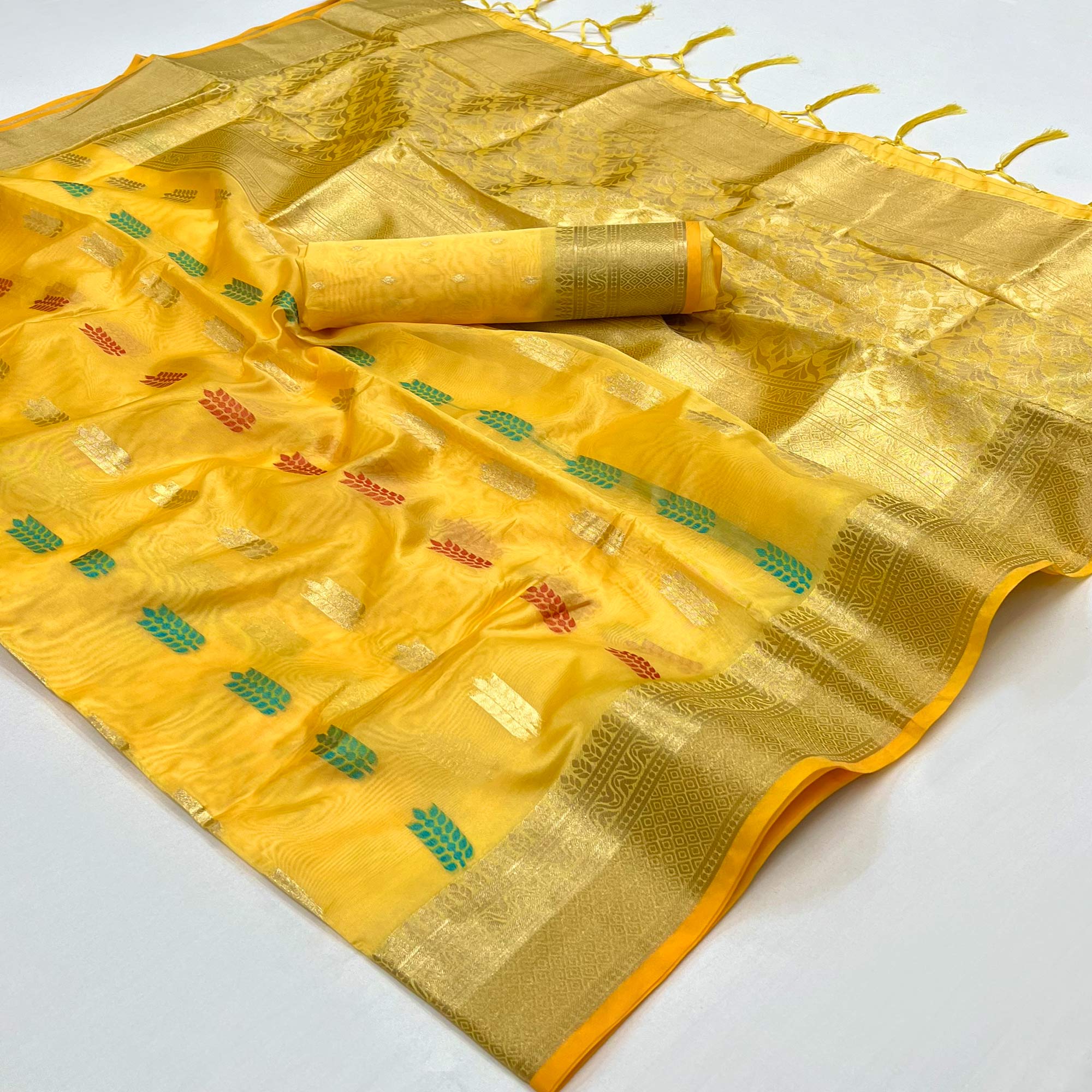 Yellow Floral Woven Organza Saree