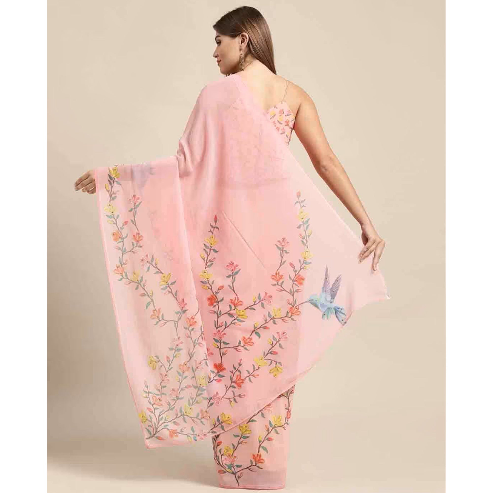 Pink Floral Digital Printed Georgette Saree