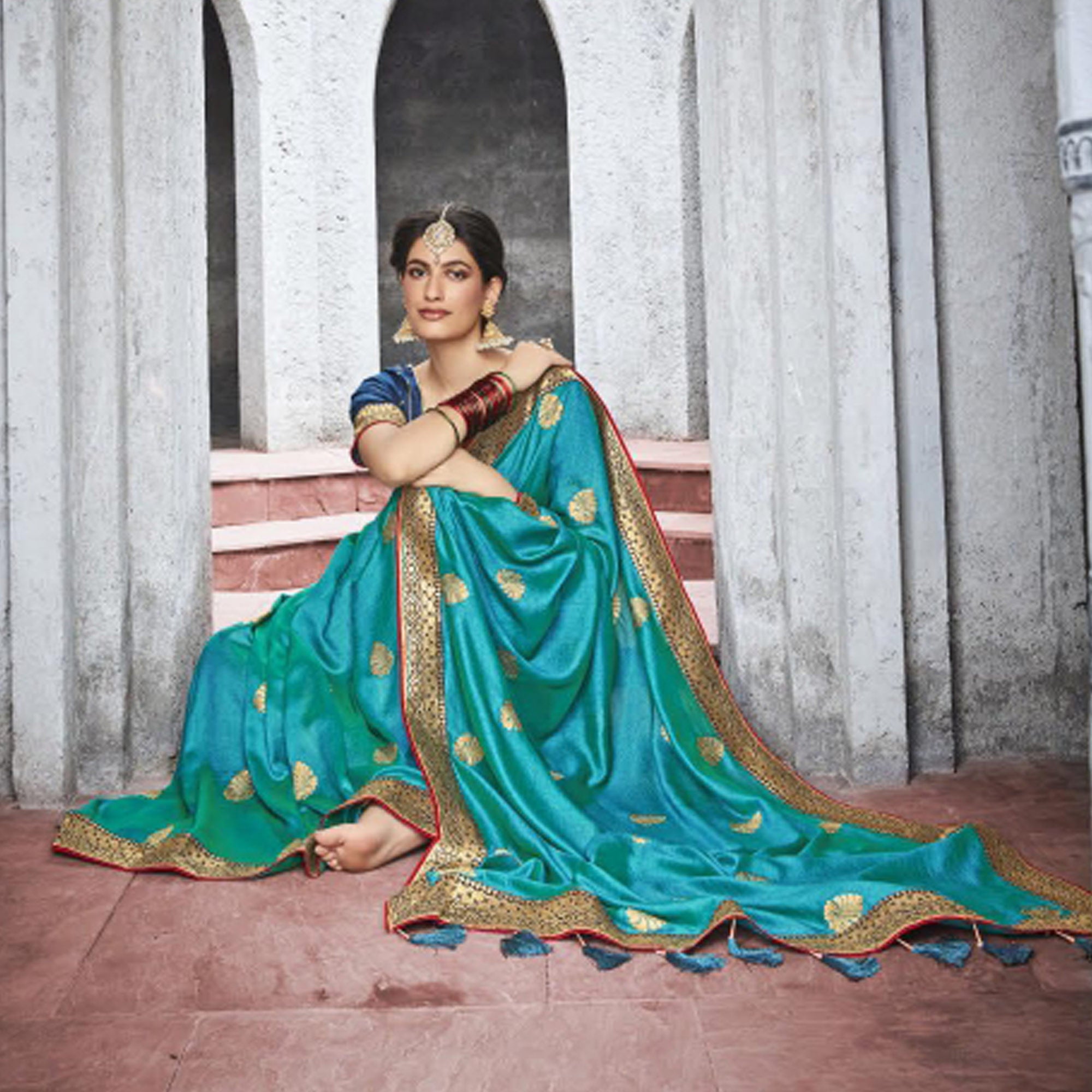 Rama Blue Woven Vichitra Silk Saree With Tassels