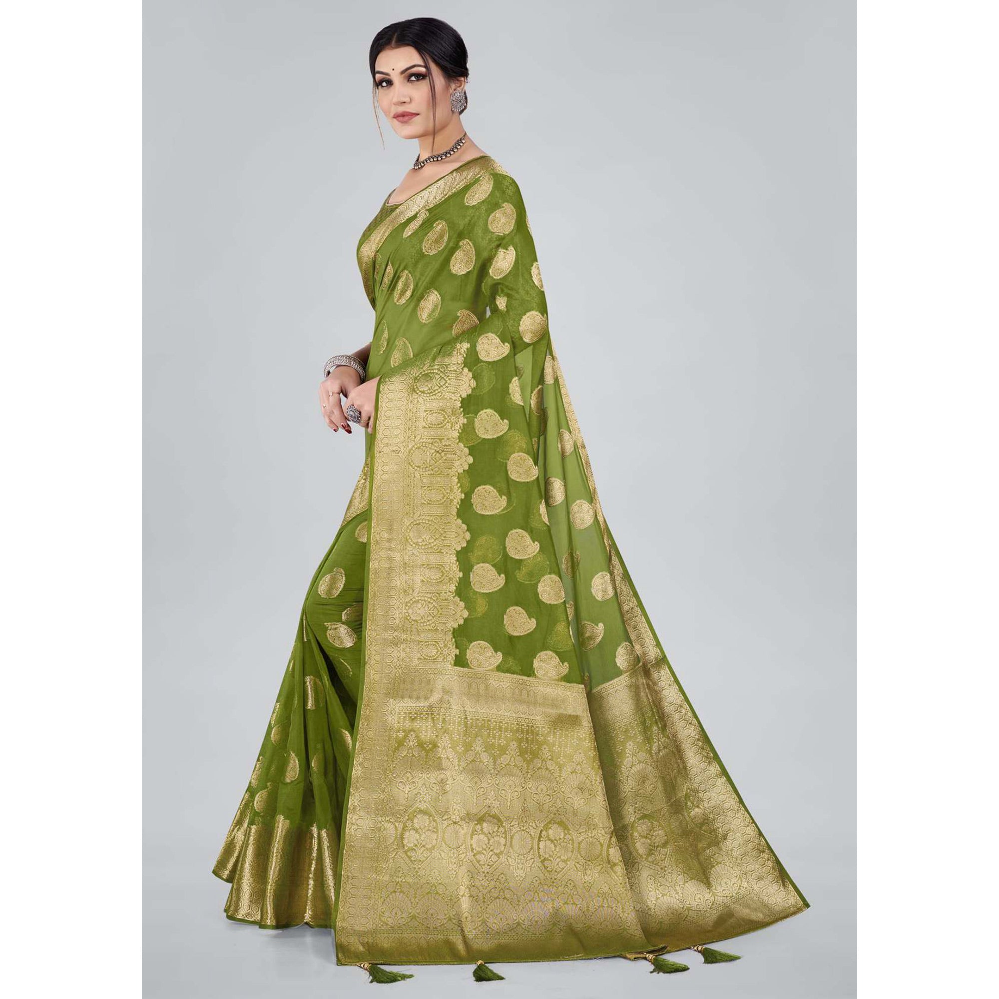 Green Woven Organza Saree With Tassels