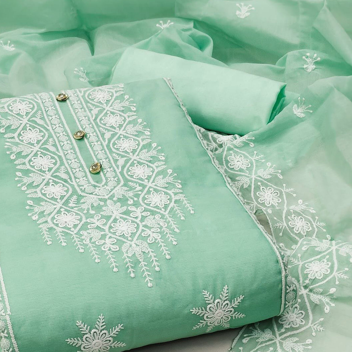 Sea Green Floral Embroidered Chanderi Dress Material
