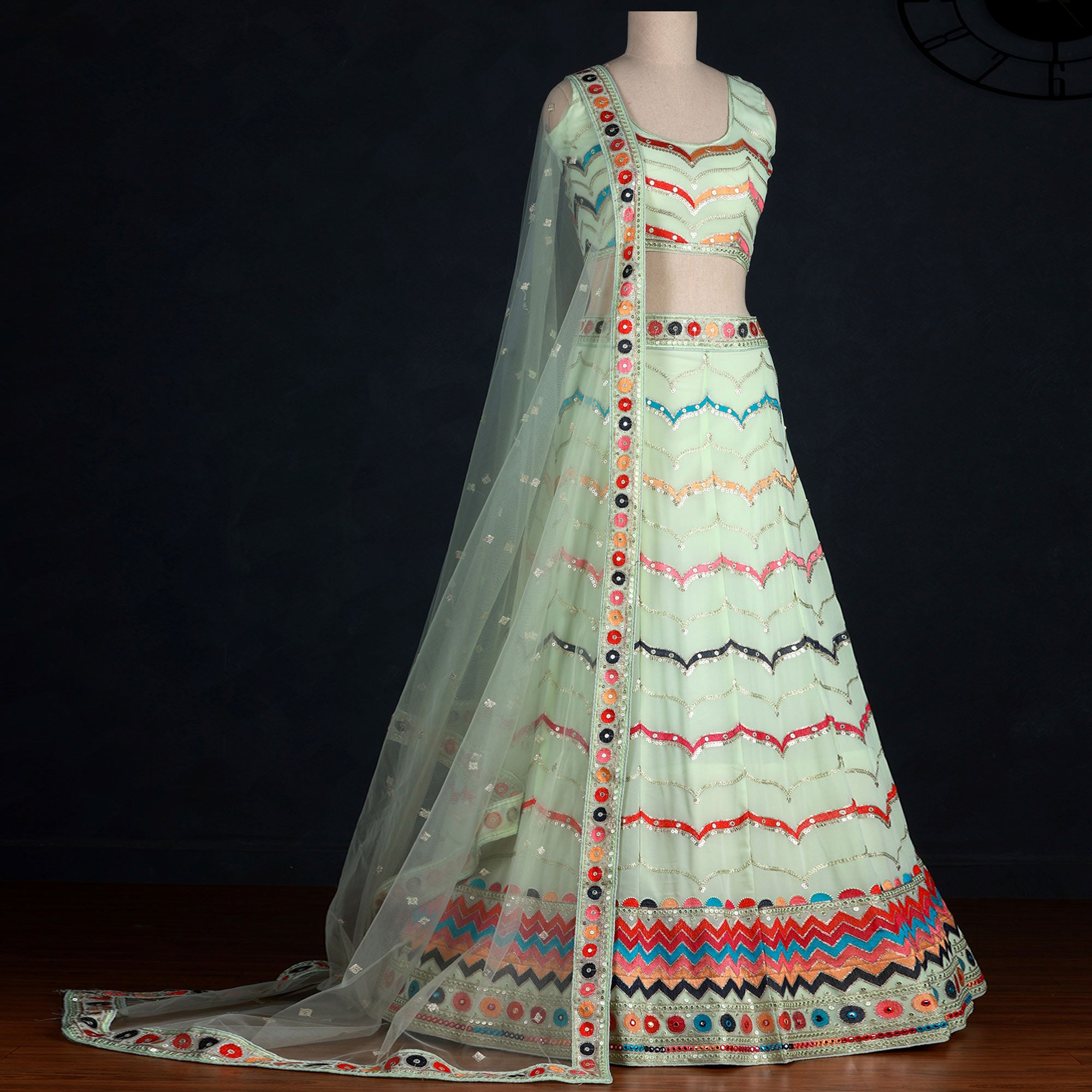 Pista Sequins Embroidered Georgette Lehenga Choli