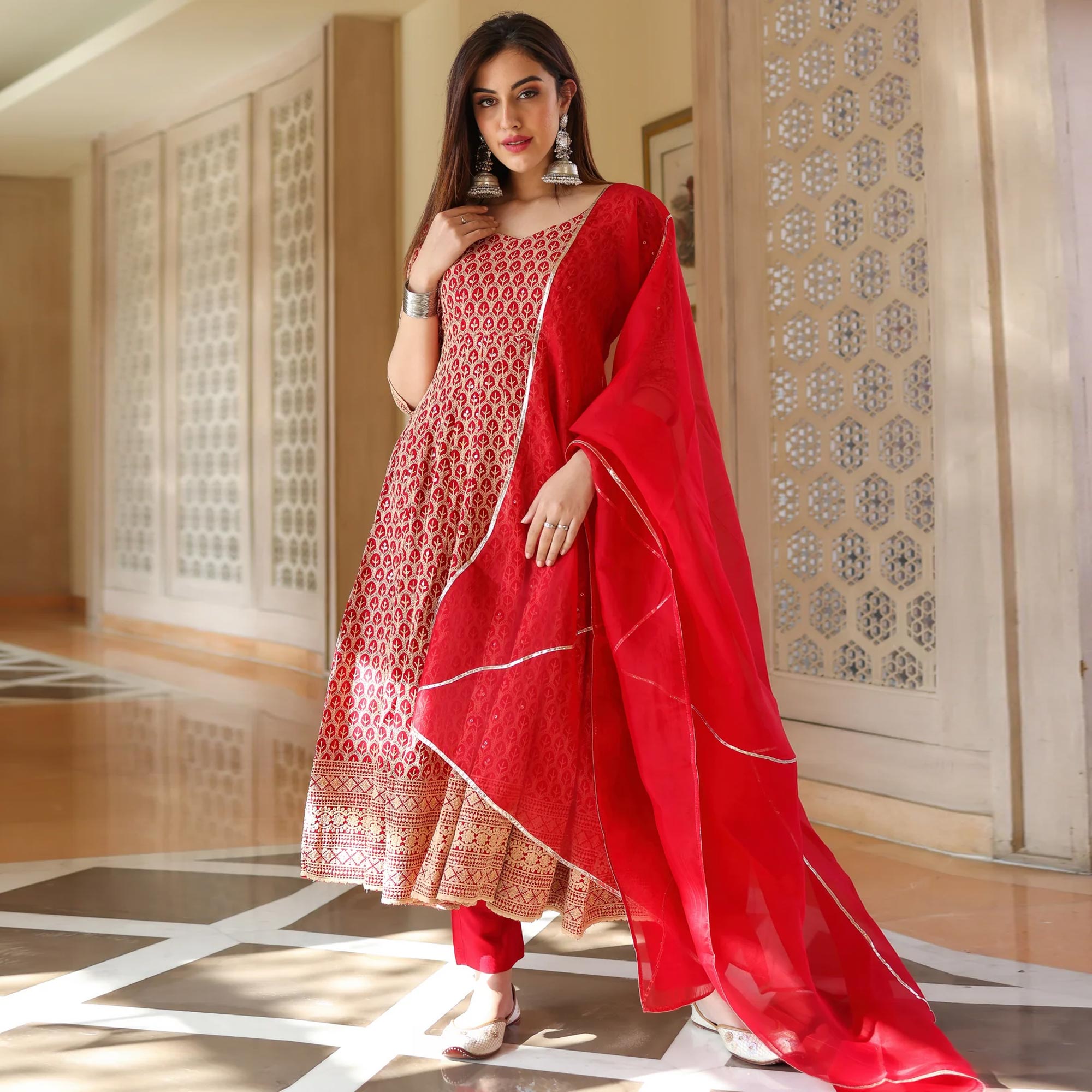 Red Embroidered Rayon Gown