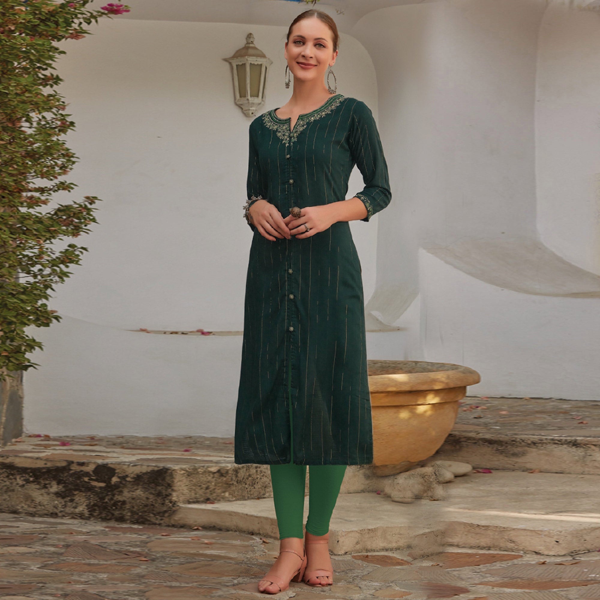 Dark Green Floral Embroidered Cotton Blend Kurti