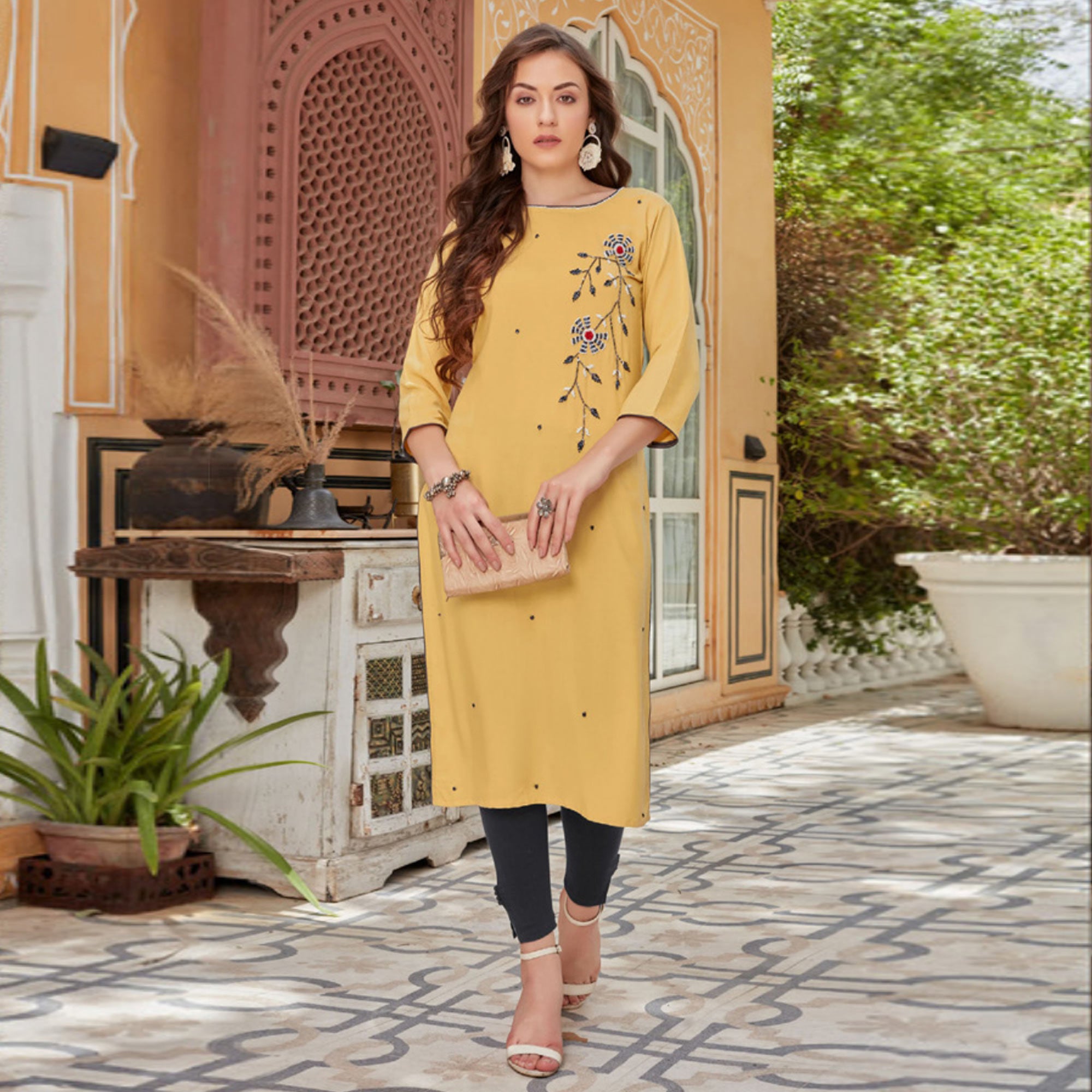 Mustard Embroidered Rayon Kurti