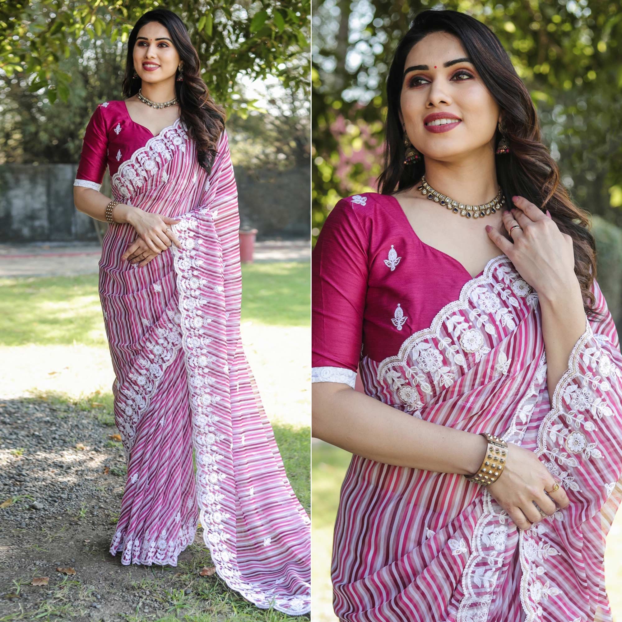 Magenta Pink Digital Printed With Embroidered Organza Saree