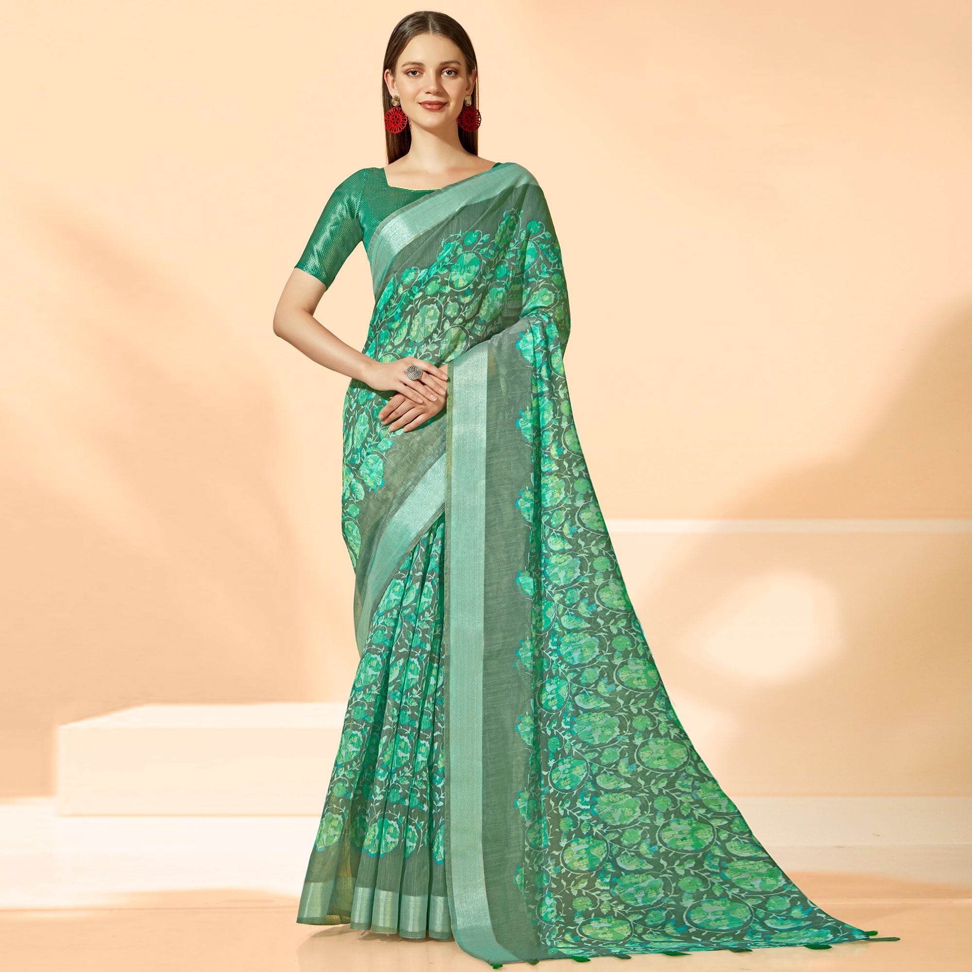 Green Printed Cotton Silk Saree With Tassels