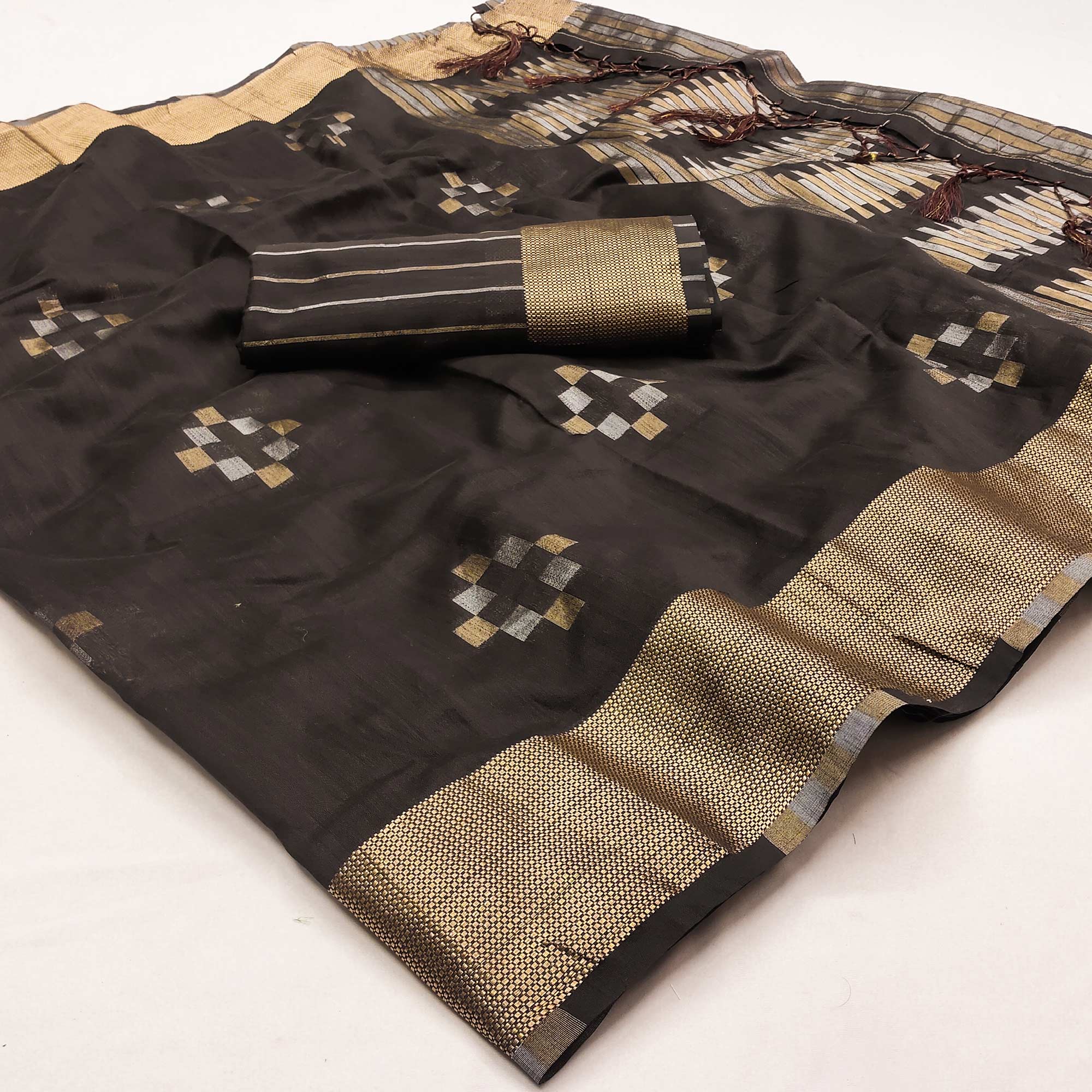 Brown Woven Khaadi Saree With Tassels