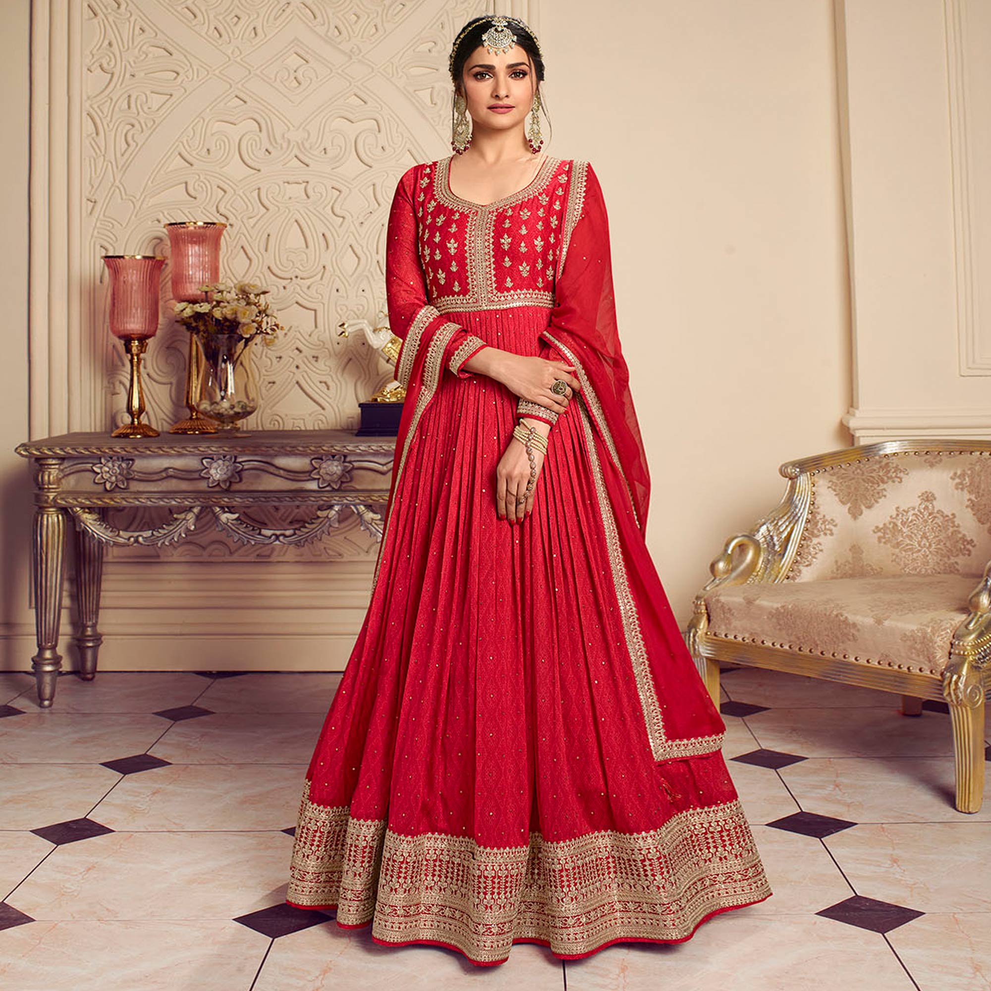 Red Printed With Embroidered Chiffon Gown