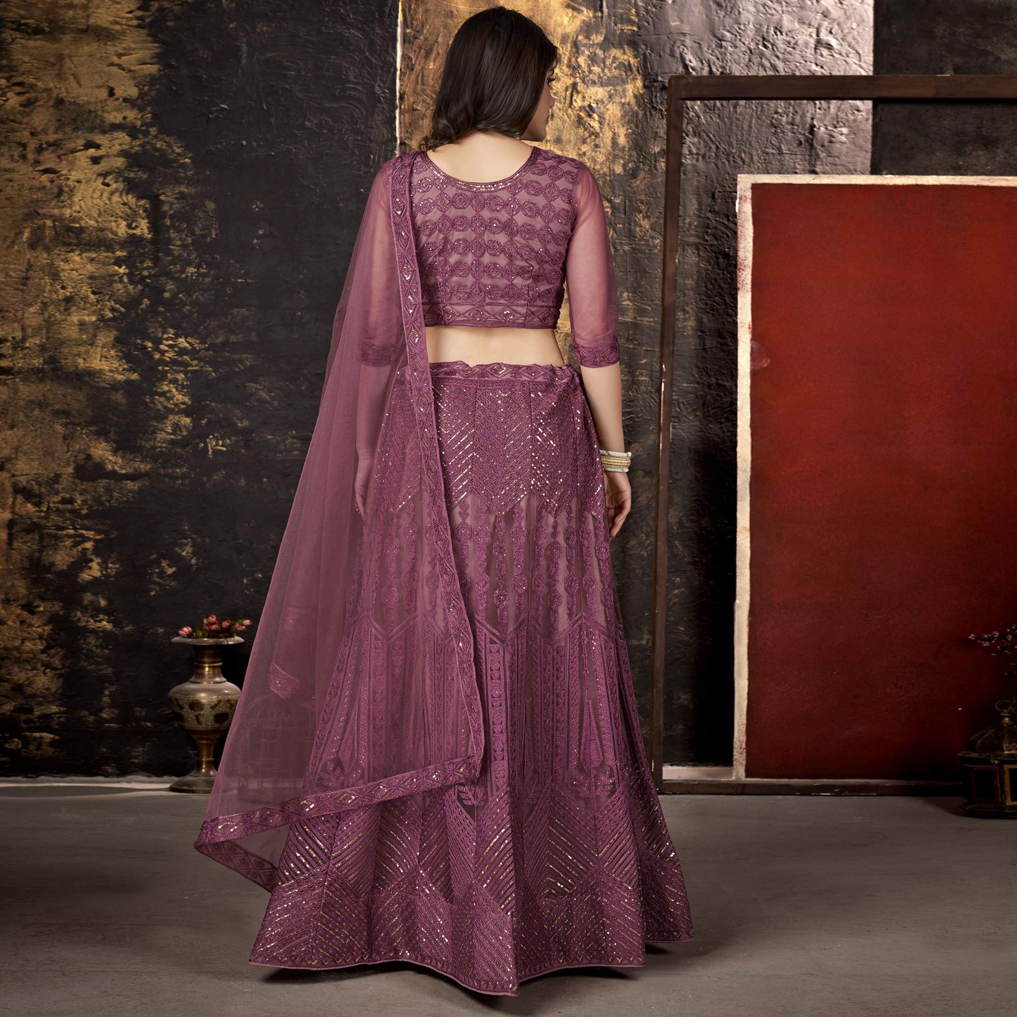 Plum Purple Sequins Embroidered Net Lehenga Choli