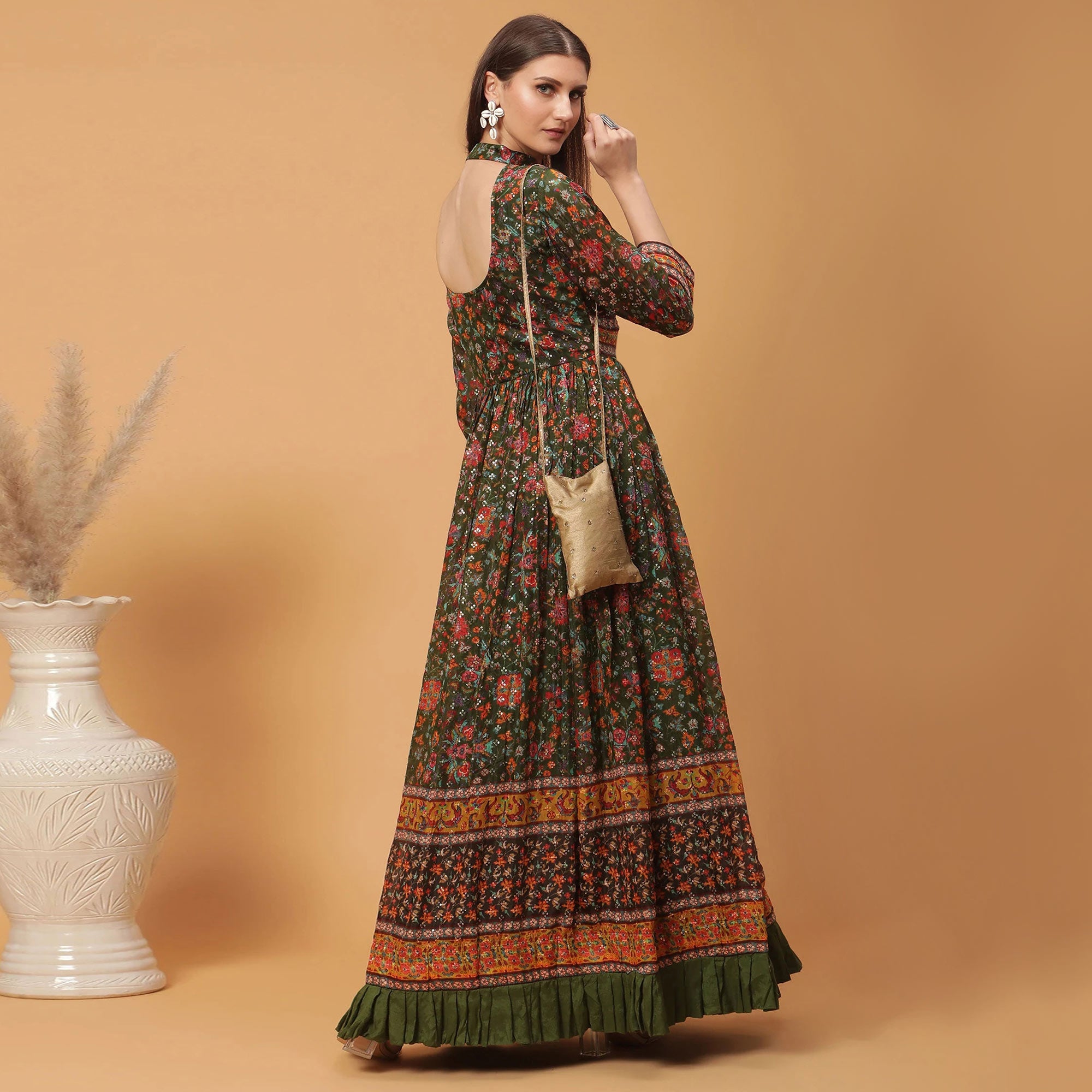 Olive Green Digital Printed Dola Silk Gown