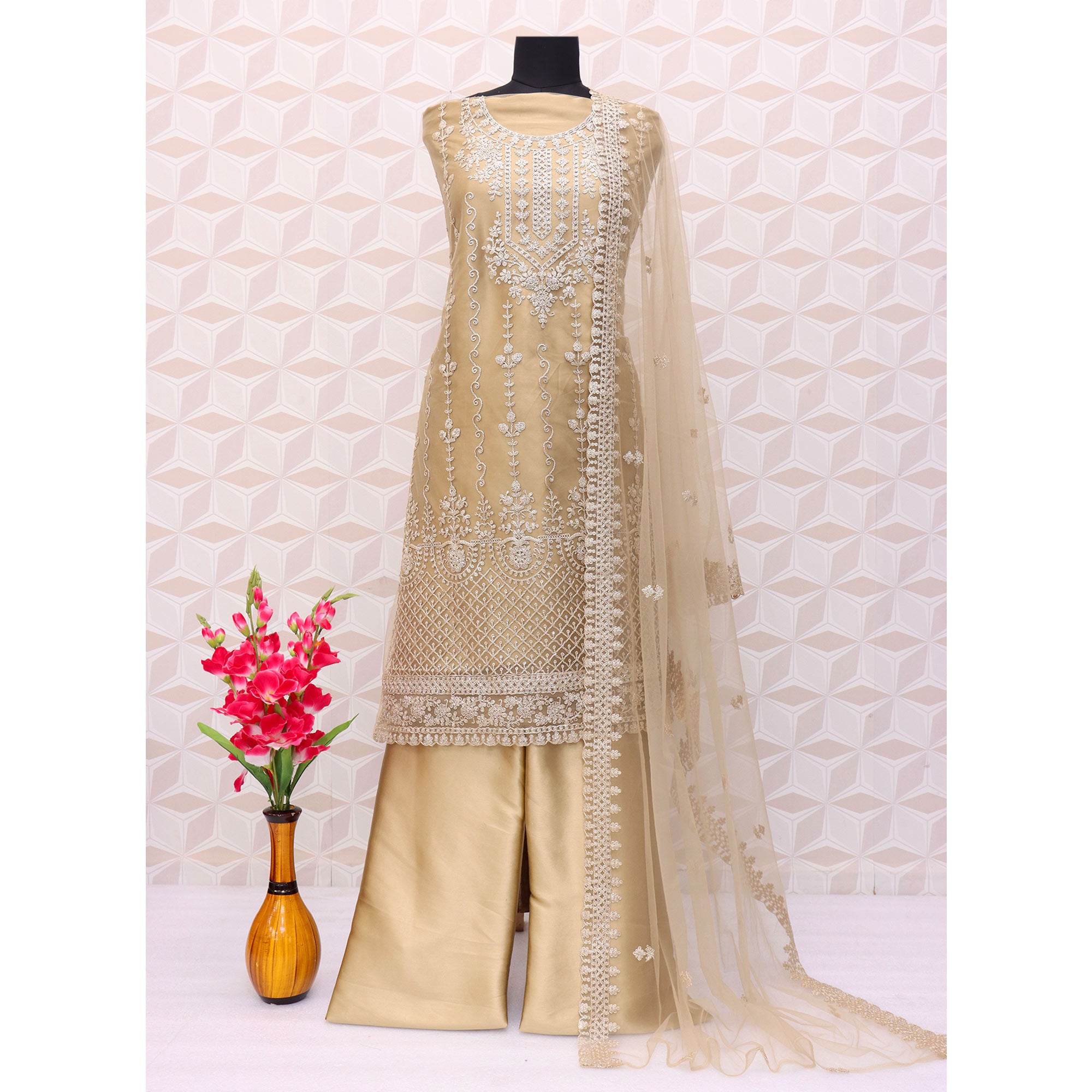 Beige Floral Embroidered Netted Pakistani Suit