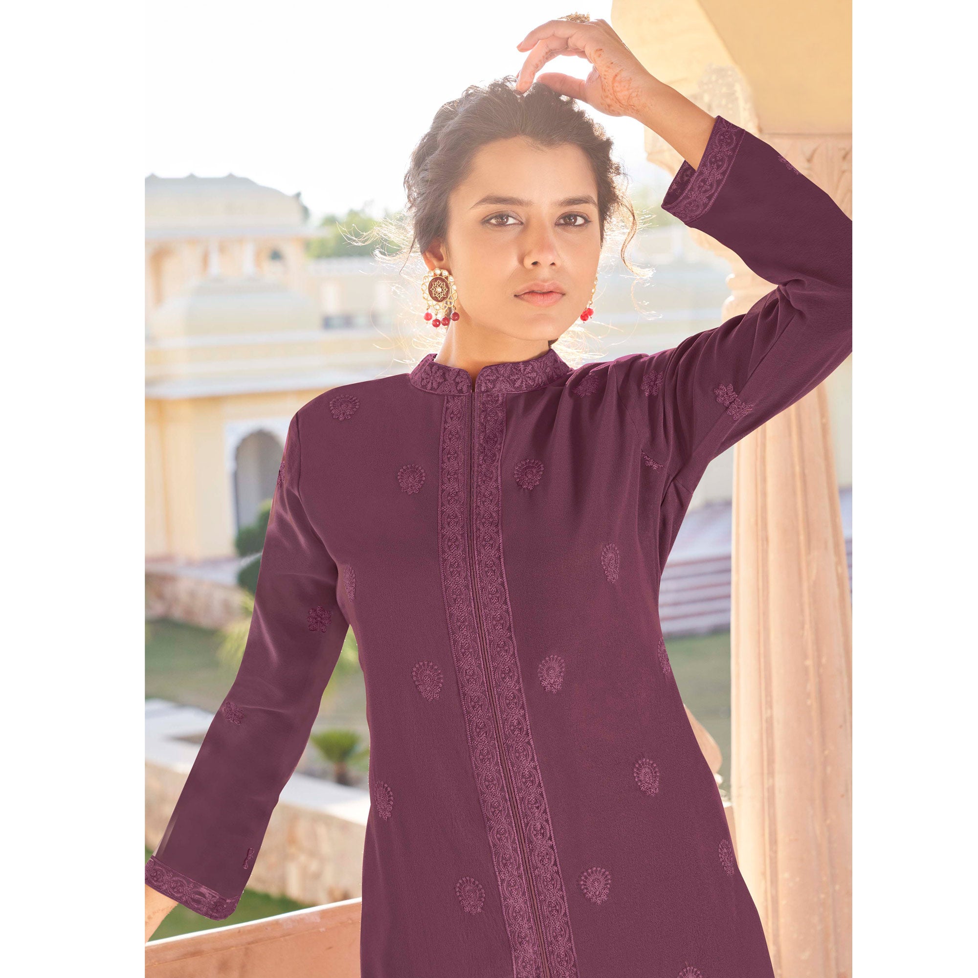 Mauve Lucknowi Embroidered Georgette Kurti Palazzo Set