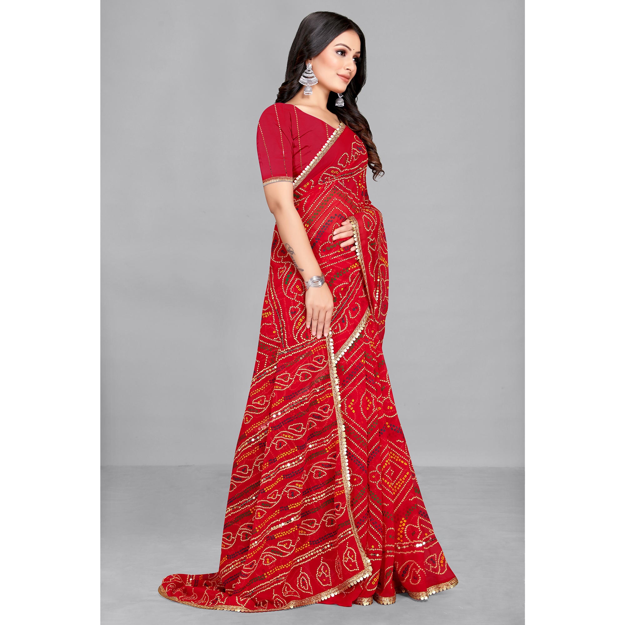 Red Bandhani Printed With Sequins Work Georgette Saree