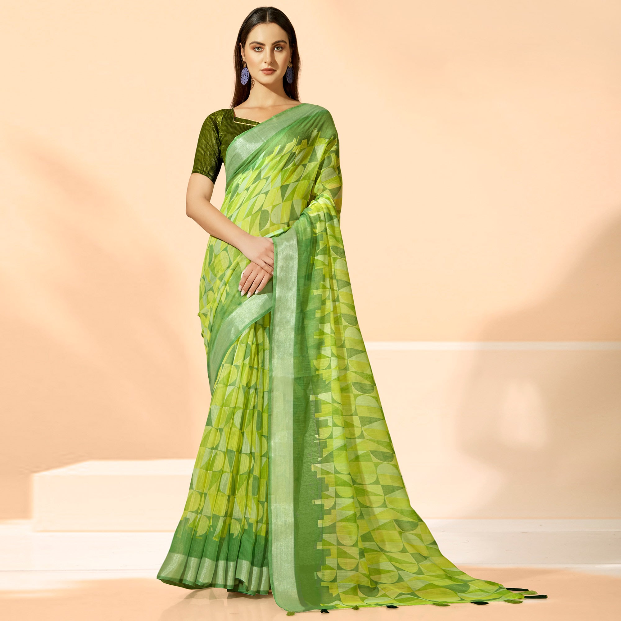 Green Printed Cotton Silk Saree With Tassels